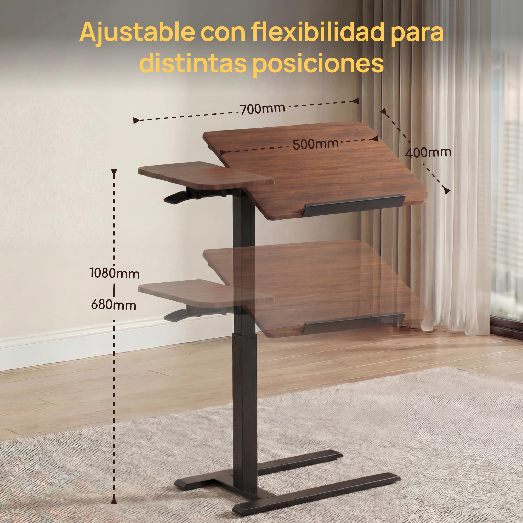 Viviendo Mesa Auxiliar para Cama con Ruedas, Marrón, Regulable en Altura 68–108 cm con Pistón de Gas, Mesa para Ordenador Portátil con Tablero Inclinable, para Cama, Sofá y Oficina, 70 x 40 cm