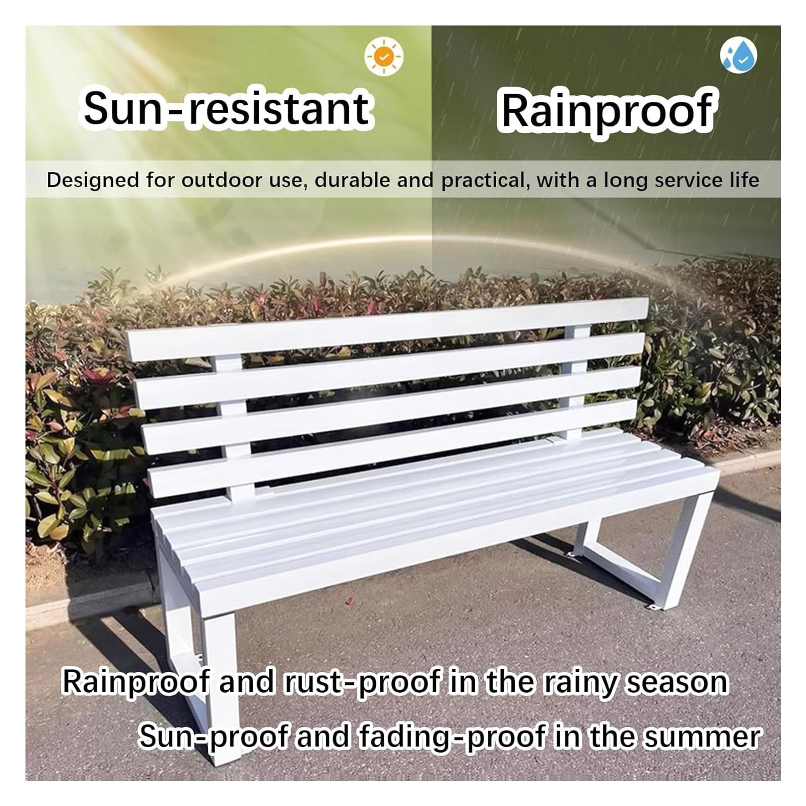 Banco de jardín cómodo, asiento de porche de ocio, banco de parque de metal resistente, acero resistente, resistente a la intemperie y perfecto para uso en exteriores, para patio, parque