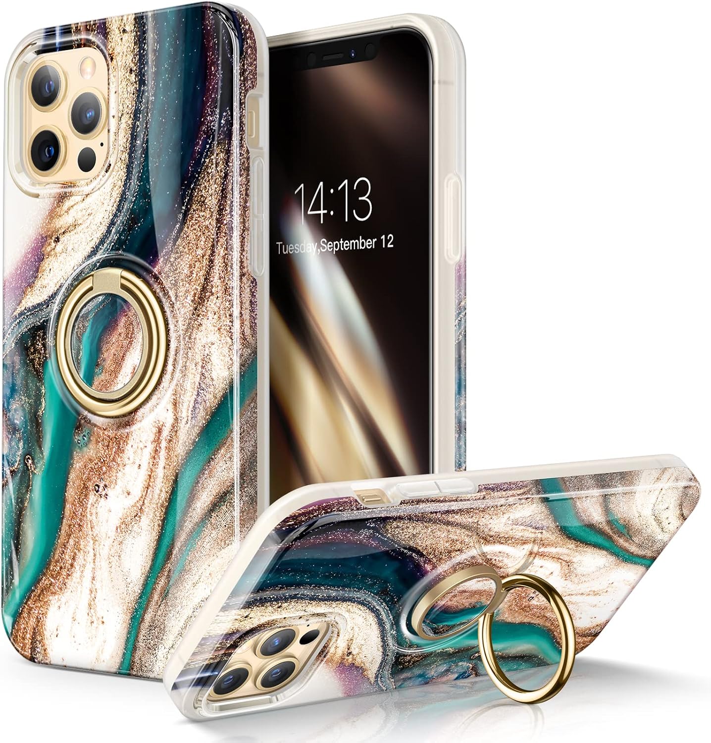 GVIEWIN Designed for iPhone 12 Case & iPhone 12 Pro Case 6.1", [Built-in 360° Rotatable Ring Stand] Marble Kickstand Phone Case Shockproof Protective Slim Hard Covers (Drift Sand/Brown)