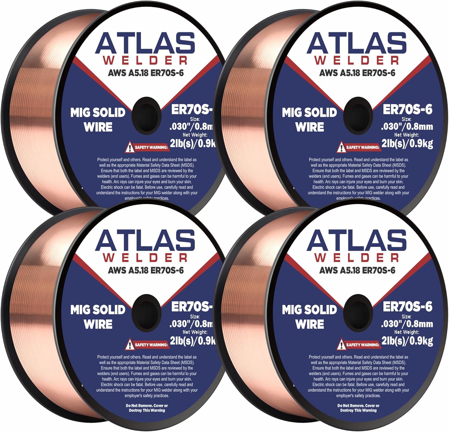(4 Pack) ATLASWELDER Solid MIG Welding Wire, ER70S-6 .030 Inch 2LB with Low Spatter and High Levels of Deoxidizers for All Position Gas Welding