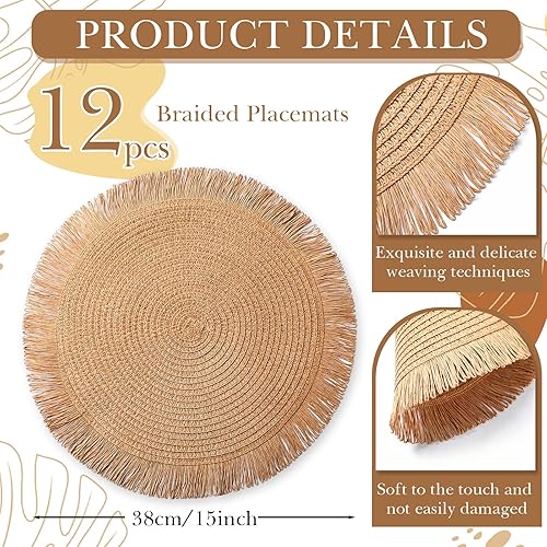 Miniatura 2 de Noveread Juego de 12 manteles individuales redondos bohemios con borlas y servilleteros de cuentas de madera, manteles individuales tejidos de 15