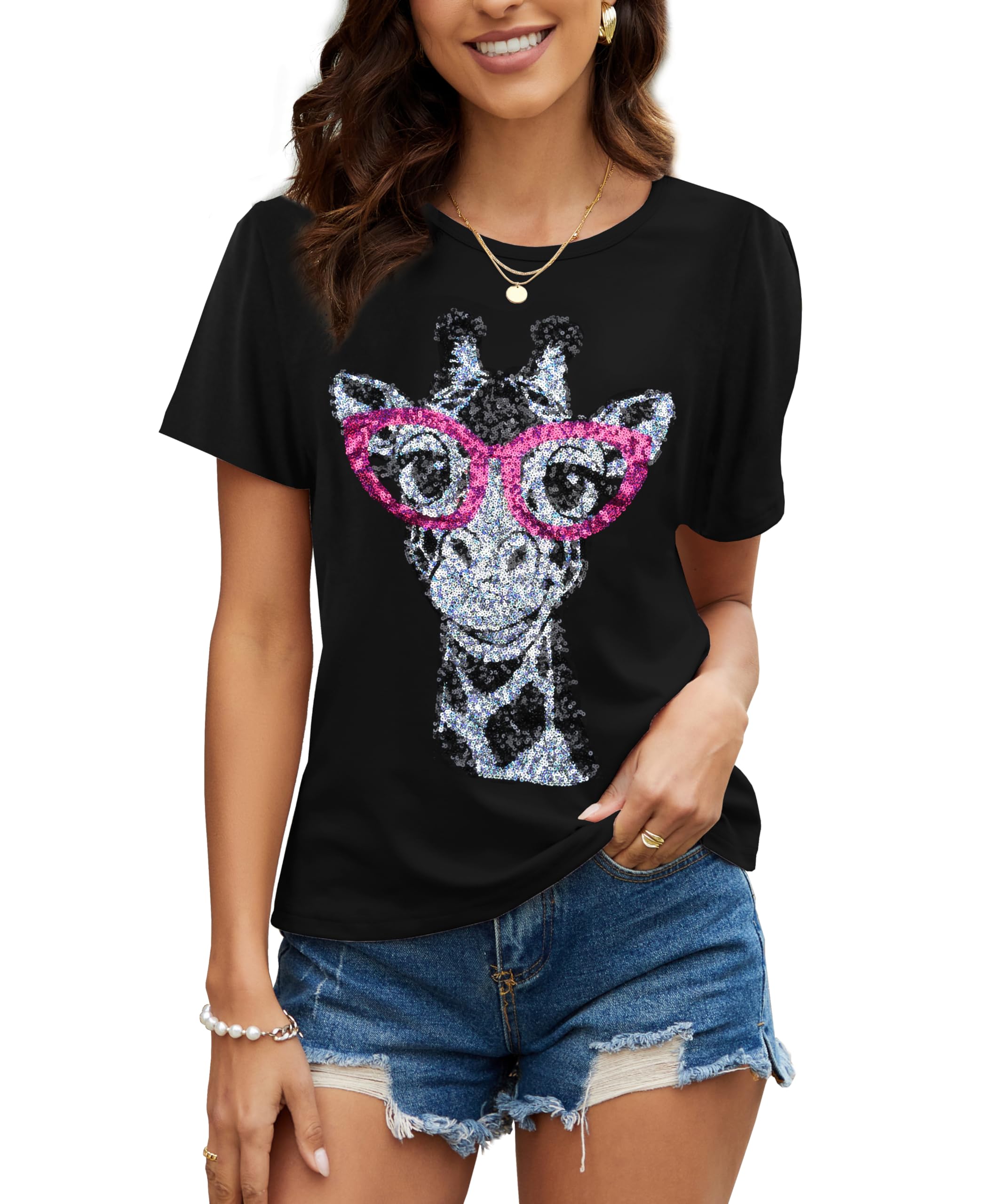 PESION Womens Short Sleeve T-Shirt Sequined Tops O-Neck Funny Graphic Tees Blouse