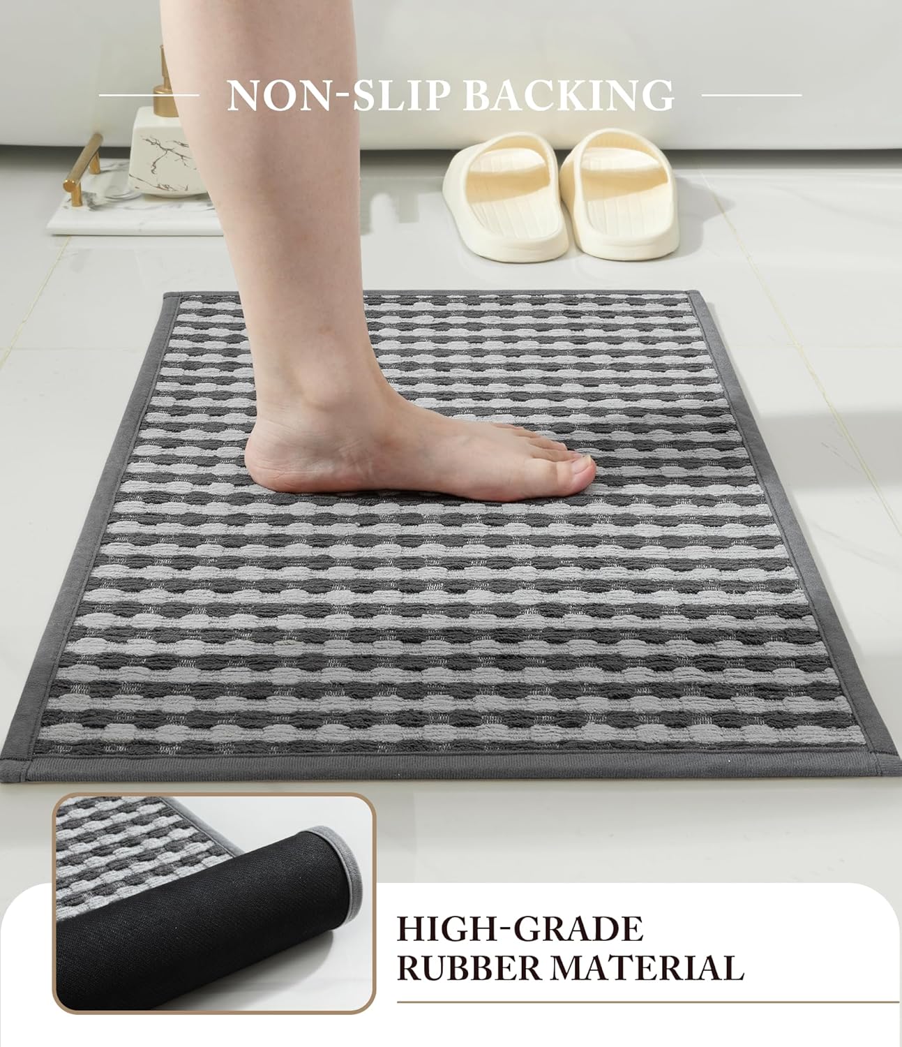 YIHOUSE Grey Bathroom Rugs Set 2 Pieces, Gray Checkered Absorbent Bath Mat Sets Quick Dry, Woven Soft Bath Rugs Non Slip, Thin Washable Rugs for Bathroom(17"x24"+17"x32") - Image 6