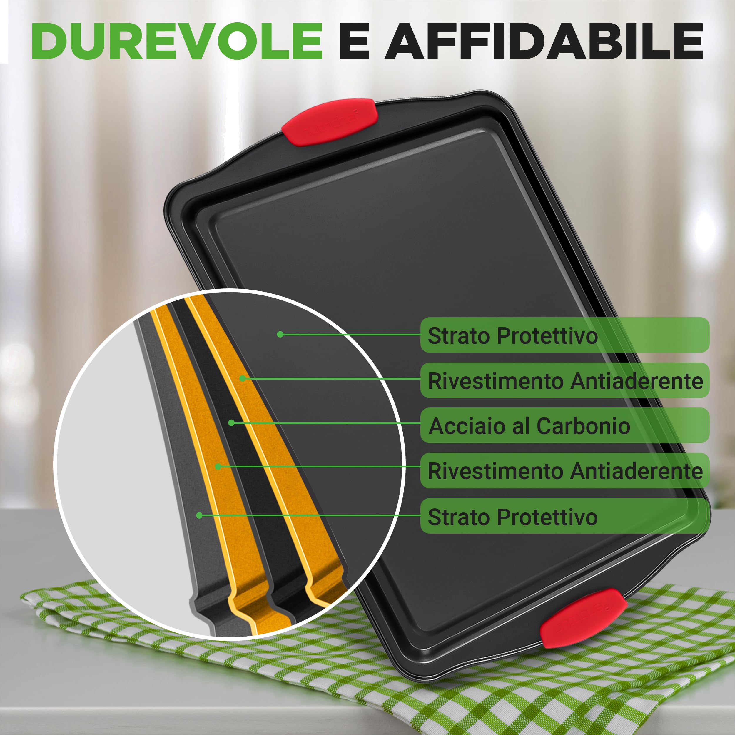 NutriChef Set da 8 Teglie da Forno con Manici in Silicone Rosso, Teglie Forno Antiaderenti in Metallo Professionale, Rivestimento Grigio Interno ed Esterno