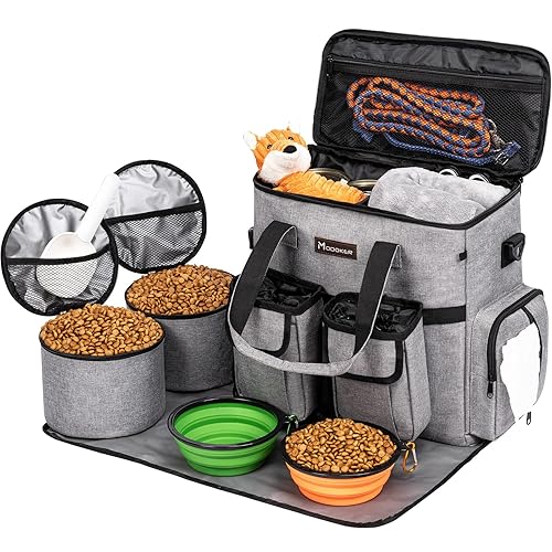 Airline Approved Dog Travel Bag with 2 Dog Treat Training Pouches, Tote Organizer for Weekend Pet Travel Supplies & Accessories, 2 Collapsible Bowls, 2 Food Container (Grey) - S-Grey