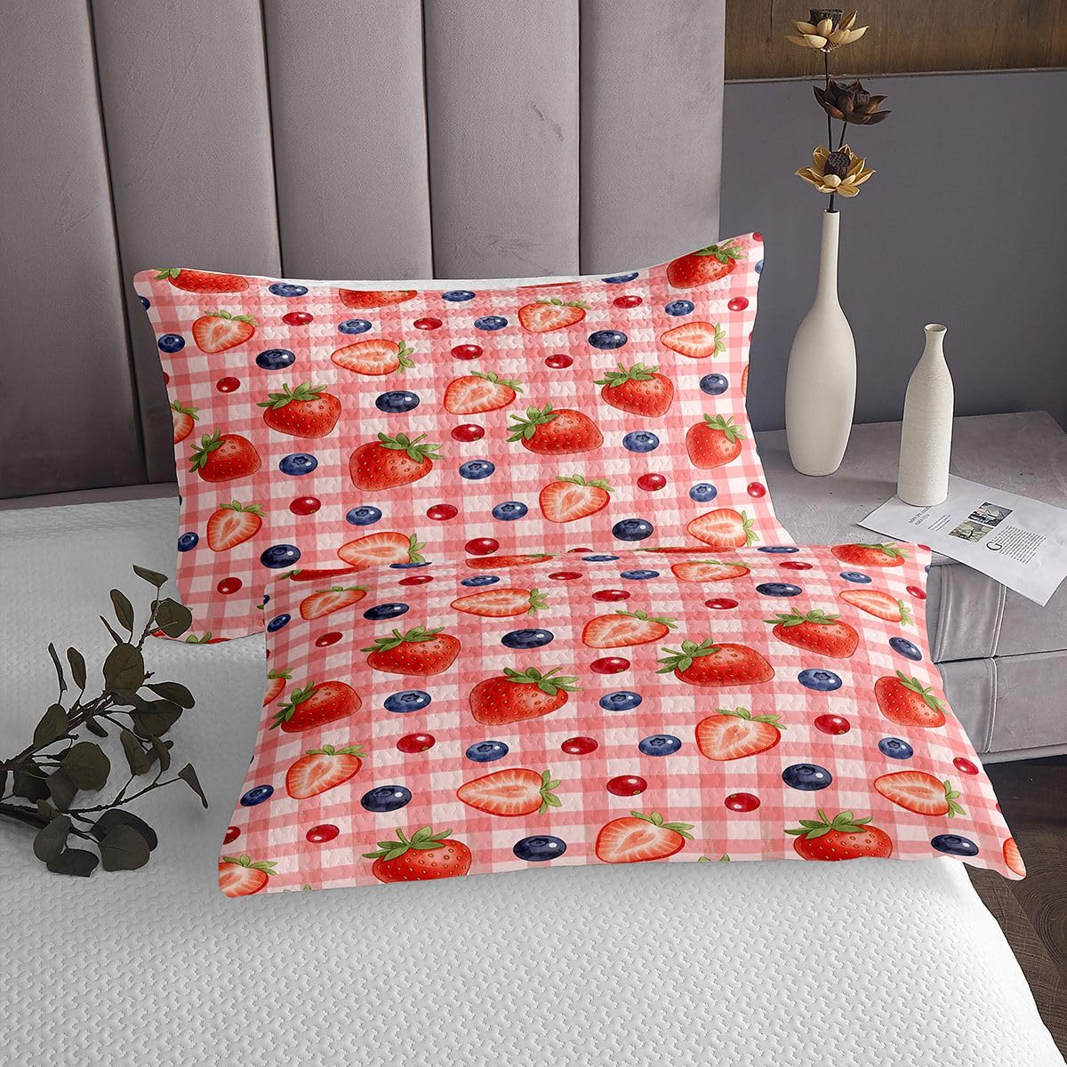 Akwarelowa, truskawkowa narzuta na łóżko, 1 poszewka na poduszkę, Kawaii, owoce, jagody, kratka, patchwork, dla dzieci, nastolatków, kreskówka 3D, jedzenie, owoce, czerwona, zestaw pościeli