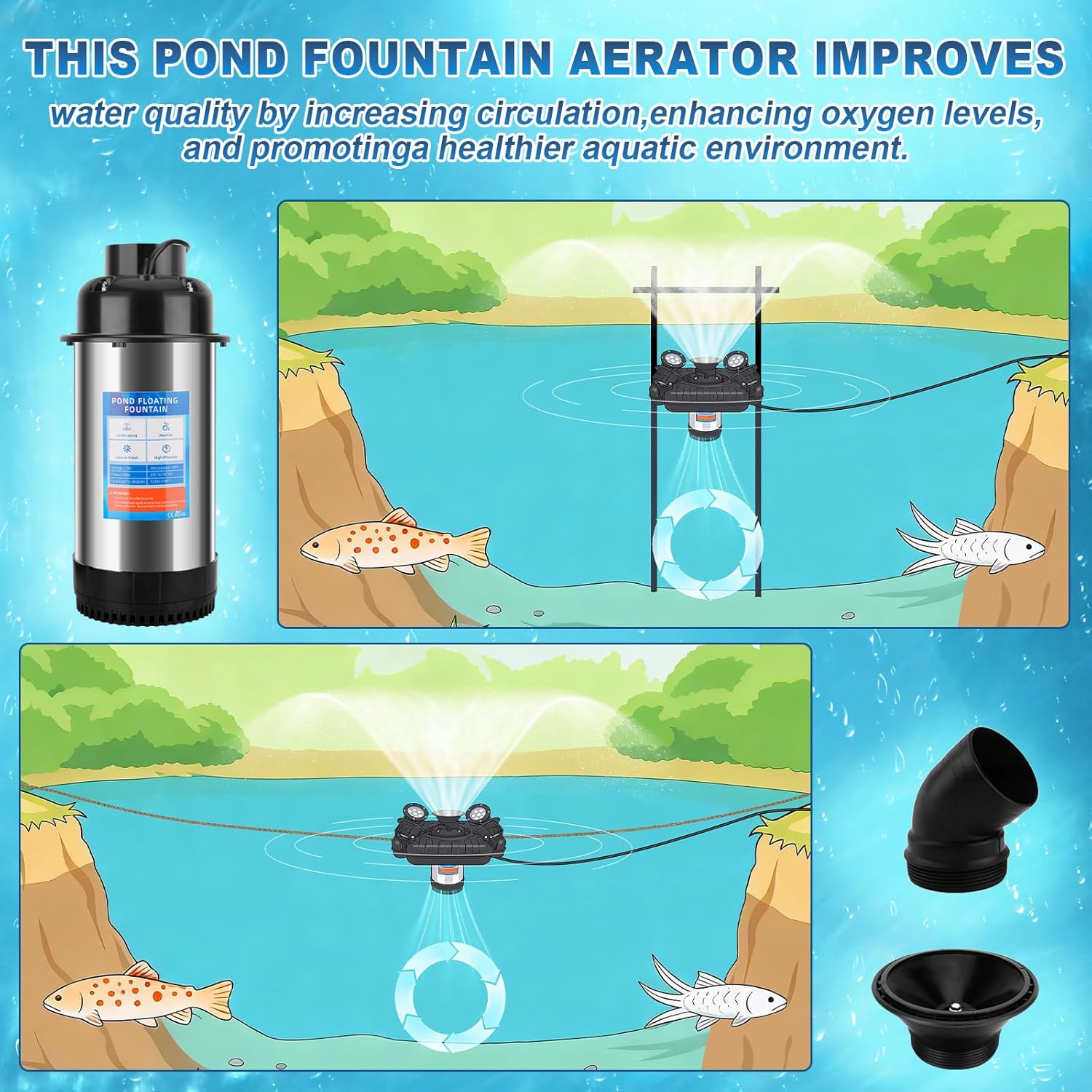 Pond Fountain Aerator with Lights - 1HP 750W 15000 GPH Stainless Steel Floating Fountain Pump with 4 RGB Color Changing Lights and Remote, for Small Large Ponds Lake Jet System (100FT Power Cord)