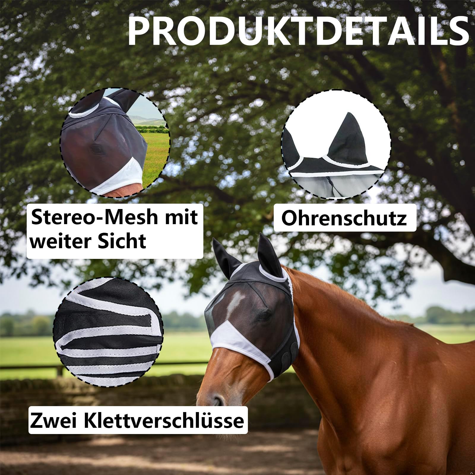 Fliegenmaske Pferd, fliegenmaske Pferd cob One Piece Fliegenhaube mit Fliegenohren für Pony, Kleine und Mittlere Pferde Elastisches Material, Atmungsaktiv, Leicht, UV-Schutz, Weich & Passgenau