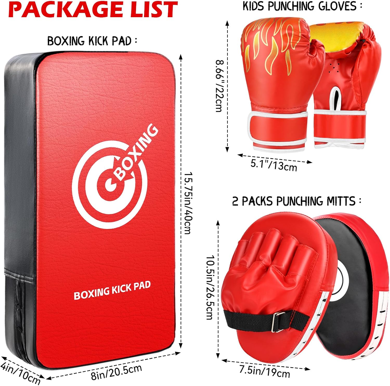 3-in-1 Boxing Gloves Punching Mitts Kick Pack Set for Kids, Curved Boxing Mitts Focus Pads, Adjustable Taekwondo Kick Pad, Gloves for Kicking Karate Kickboxing Muay Thai MMA Training