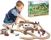 Vista 10 de Juego de tren de madera, juego completo de tren para niños, juego interactivo y aprendizaje, diseño creativo de pista de tren de madera, calidad
