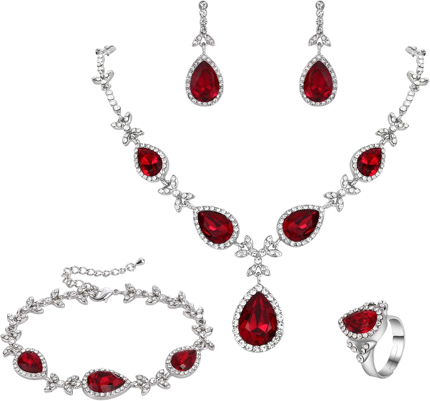 BriLove Wedding Bridal Necklace Earrings Bracelet Ring Jewelry Set for Women Crystal Floral Leaf Teardrop Y-Necklace Tennis Dangle Resizable Ruby Color Silver-Tone