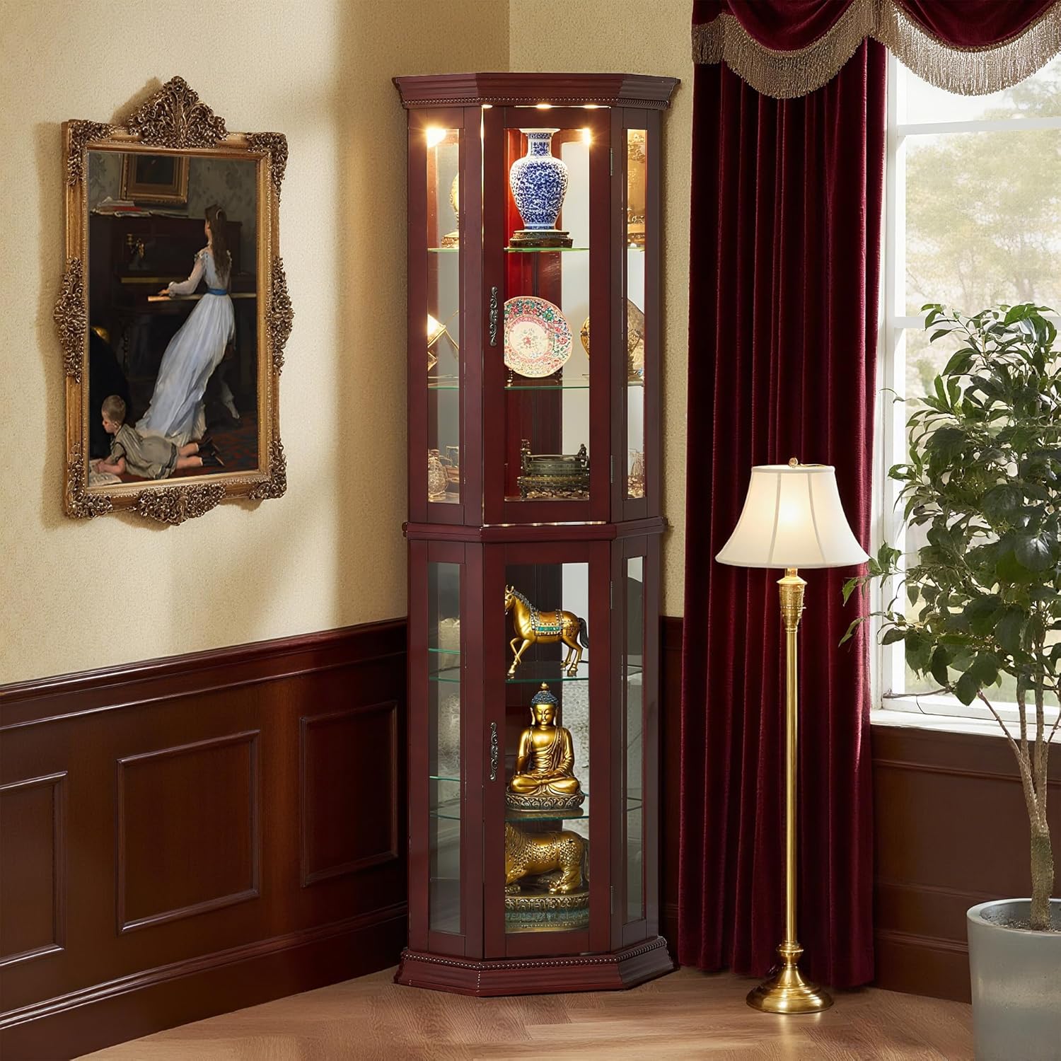 Lighted Curio Cabinet Wooden Corner Display Cabinet with Adjustable Tempered Glass Shelves Vintage Accent Storage Cabinet with Mirrored Back & Tempered Glass Doors, Cherry