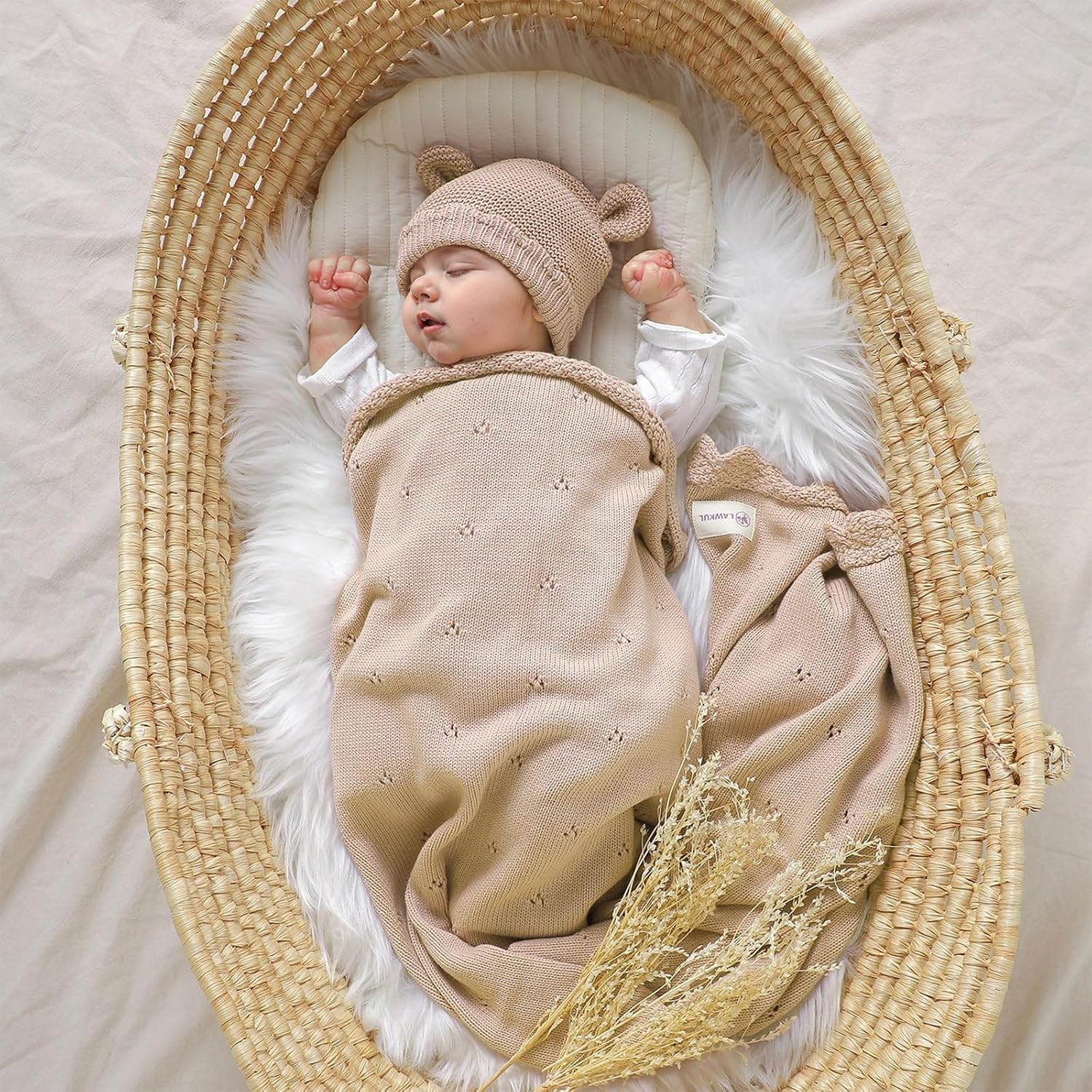 LAWKUL Baby Blanket & Beanie Hat Set 100% Organic Cotton Newborn Swaddle Beanie Soft Cozy for Infants Boy Girl Gift Pink