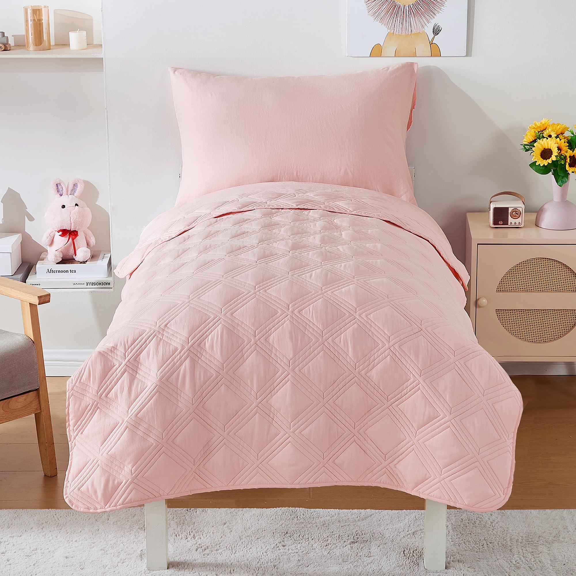 4 Piece Toddler Bedding Set for Girls Pink Geometric Stitched Soft Microfiber Crib Bed Sheets Set Lightweight Quilted Comforter Set for Baby | Include Comforter, Flat Sheet, Fitted Sheet, Pillowcase