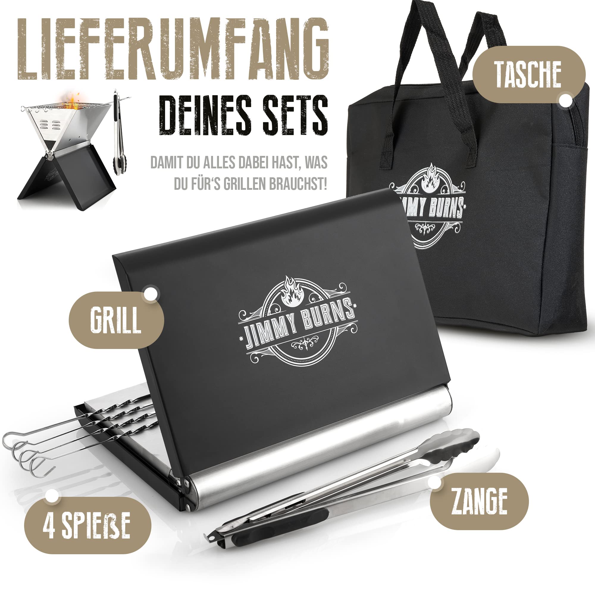JIMMY BURNS Campinggrill Holzkohle Edelstahl | [Notebook Design] | für 2-4 Personen | Barbecue Klappgrill für Camping, Outdoor, Reise, Festival, Picknick | inkl. Grill Zubehör