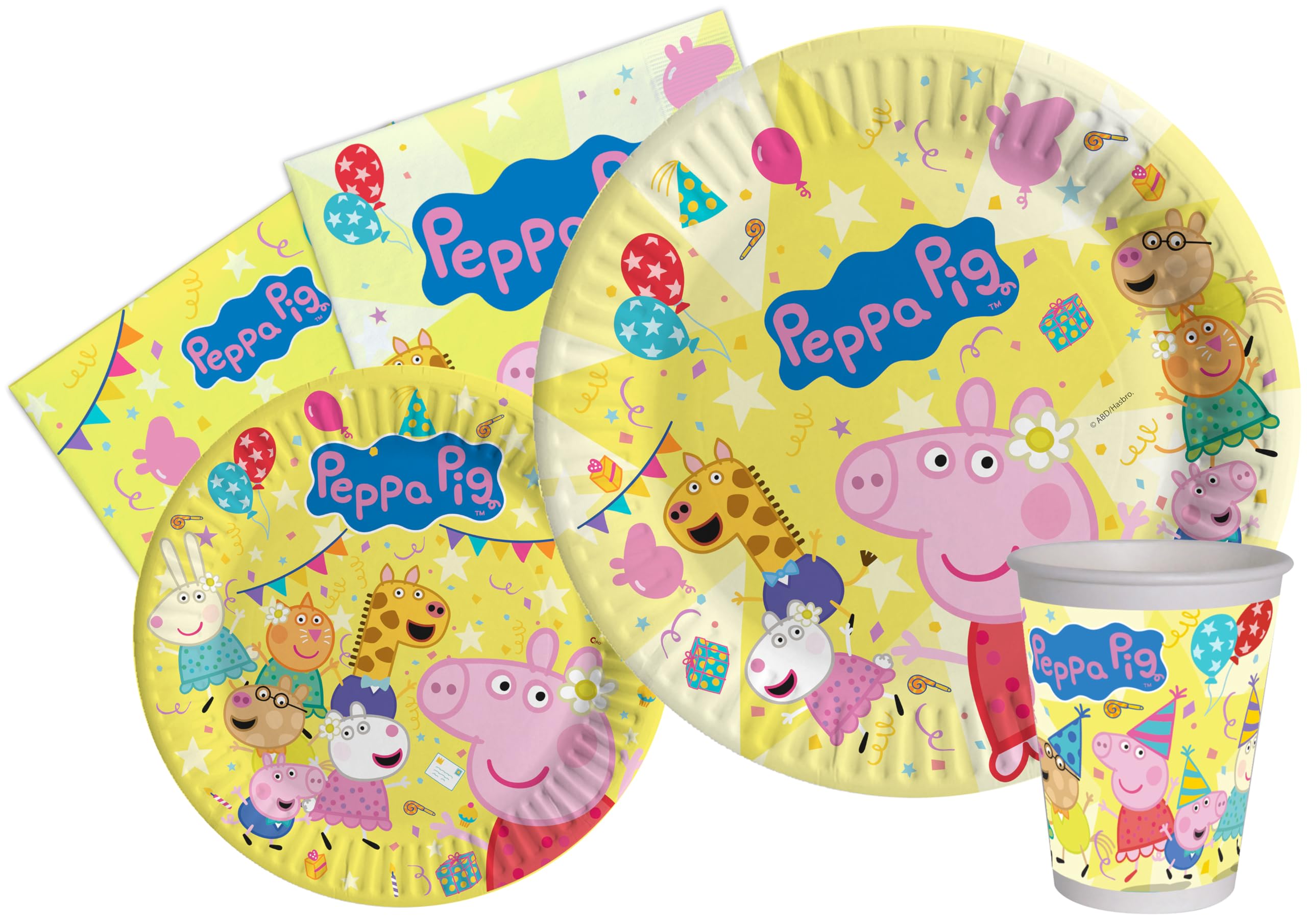 Ciao Peppa Pig Peppa's Birthday Party Table Kit for 8 People (44 Pieces: 8 Plates Ø23 cm, 8 Plates Ø18 cm, 8 Cups 250 ml, 20 Napkins 33 x 33 cm) in Eco-Friendly Compostable Paper