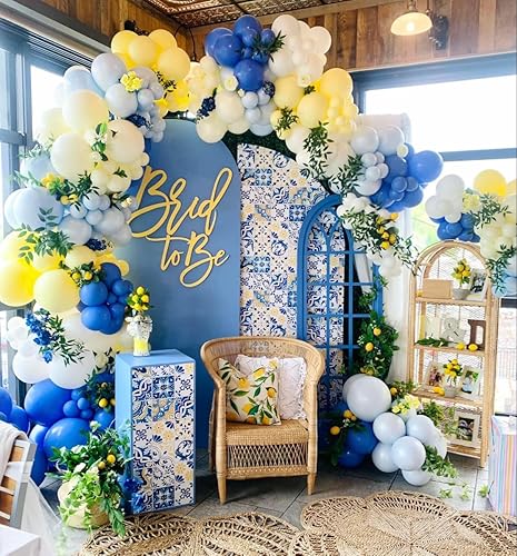 Kit de arco de guirnalda de globos de limón azul real y amarillo con 142 globos de látex para verano, aniversario, cumpleaños, boda, graduación,