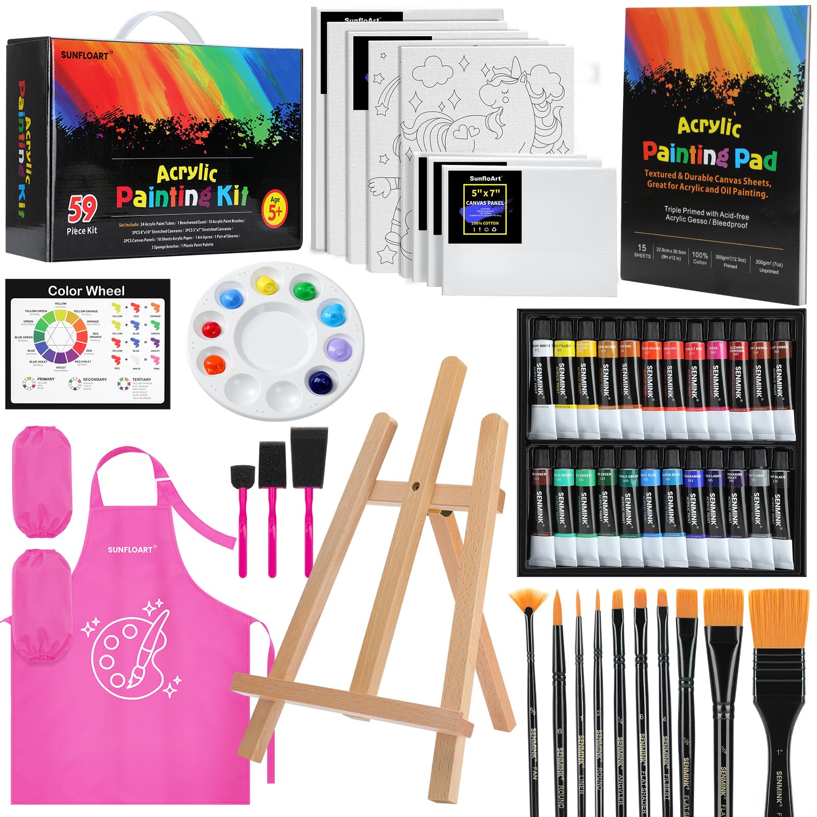 59-teiliges Acrylfarben-Set, komplettes Kunst-Set mit Staffelei, Leinwand-Pads, Pinsel, Rosa