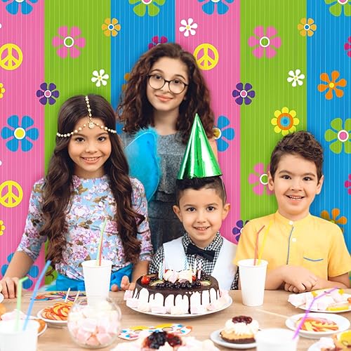 Miniatura 6 de Paquete de 2 cortinas de flecos de papel de aluminio hippie Groovy para decoración de fiestas, 3.3 x 6.6 pies, estilo retro, teñido anudado, telón