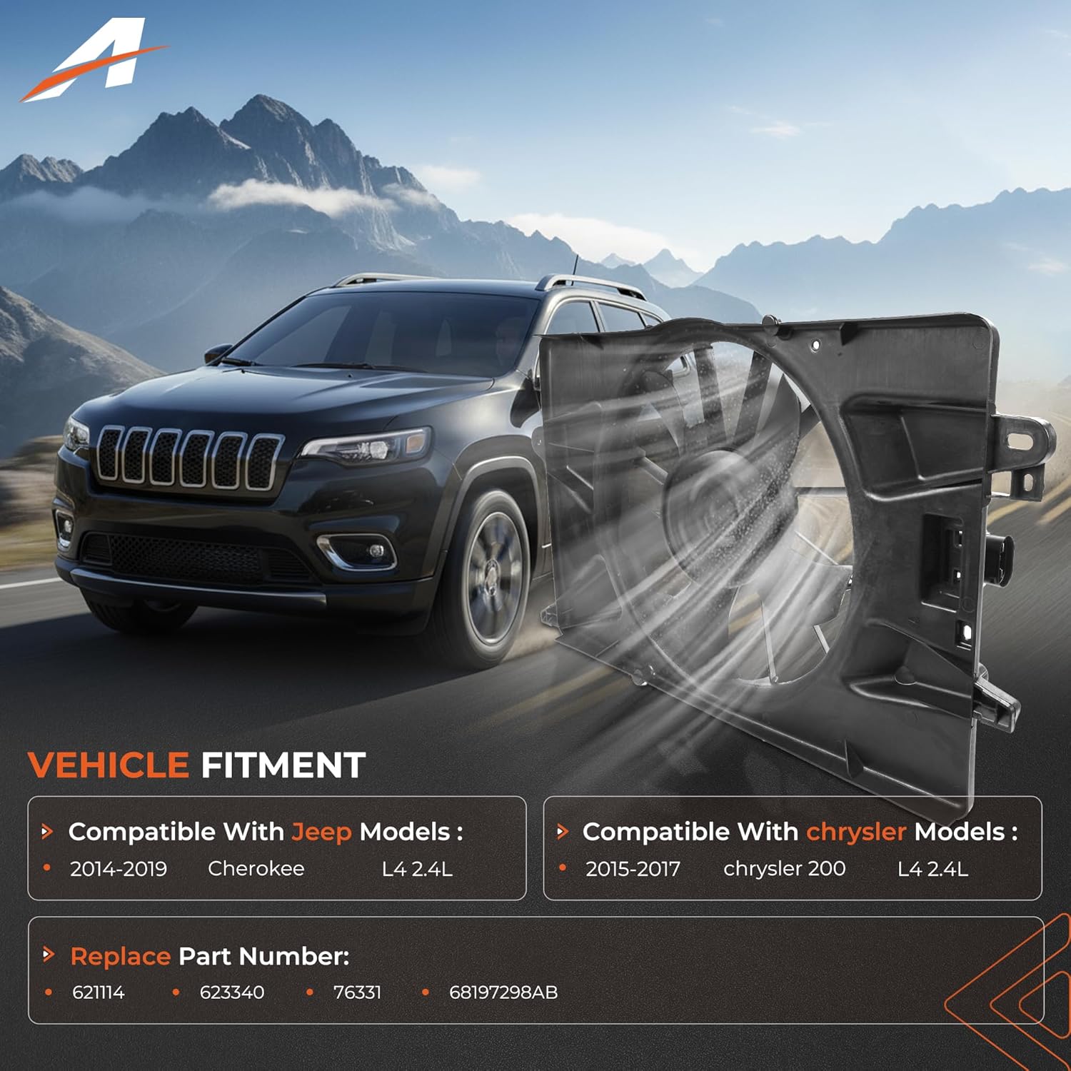 Engine Radiator Cooling Fan Assembly Compatible with Jeep Cherokee 2014-2020 & Chrysler 200 2015-2017, Single Fan Replace# 68197298AB