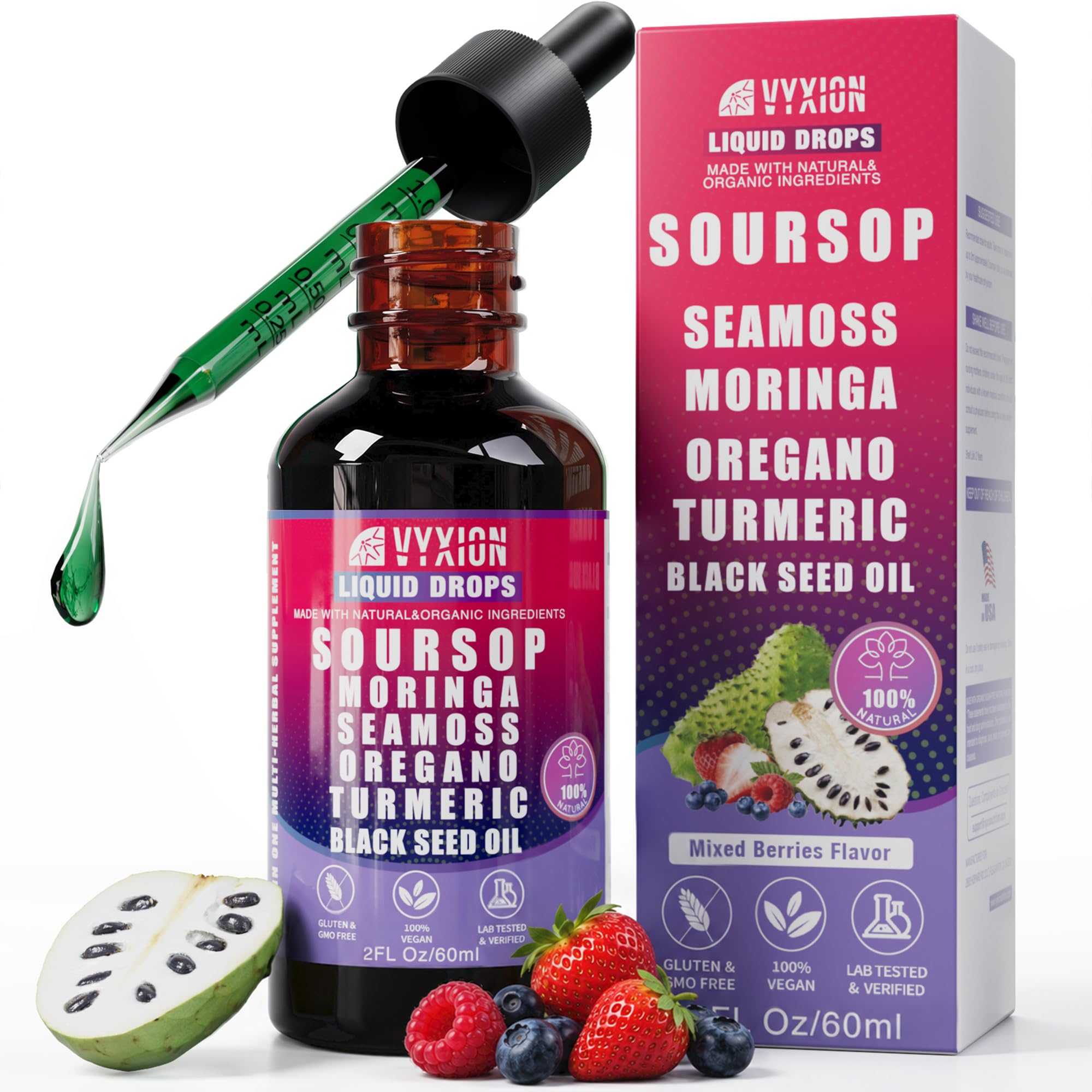 Vyxion Soursop Bitters Liquid Drops 10 in 1 with Sea Moss, Moringa, Turmeric, Black Seed Oil, Oregano, Ashwagandha | Herbal Extracts for Overall Health | Vegan, Non-GMO | 2 Fl Oz (Mixed Berry Flavor) Berry 2 Fl Oz (Pack of 1)