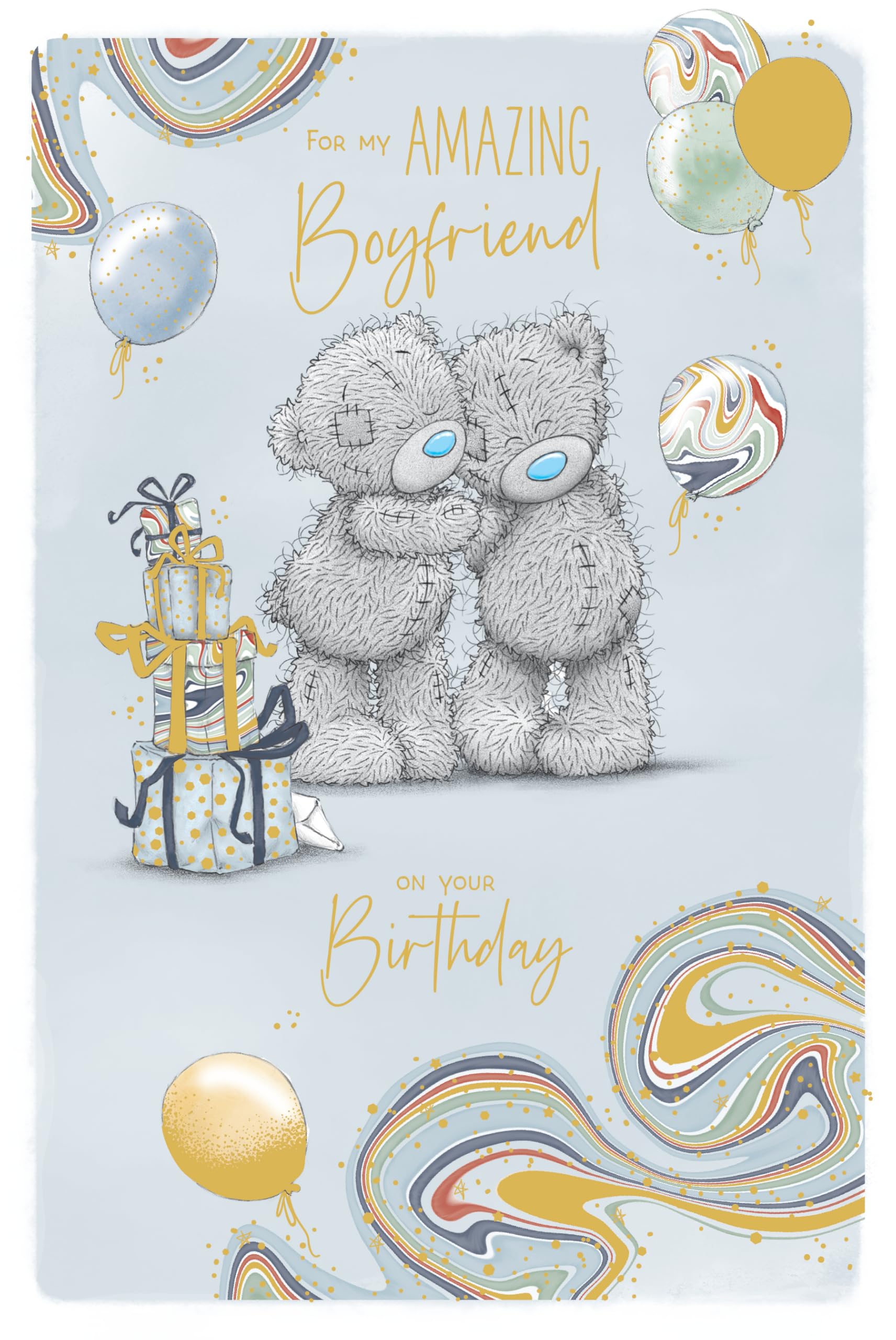 Me To You Tatty Teddy 'For My Amazing Boyfriend' Luxury Gold Foil Birthday Card, Bears With Gift Boxes And Balloons, 6 X 9 Inches - Official Collection