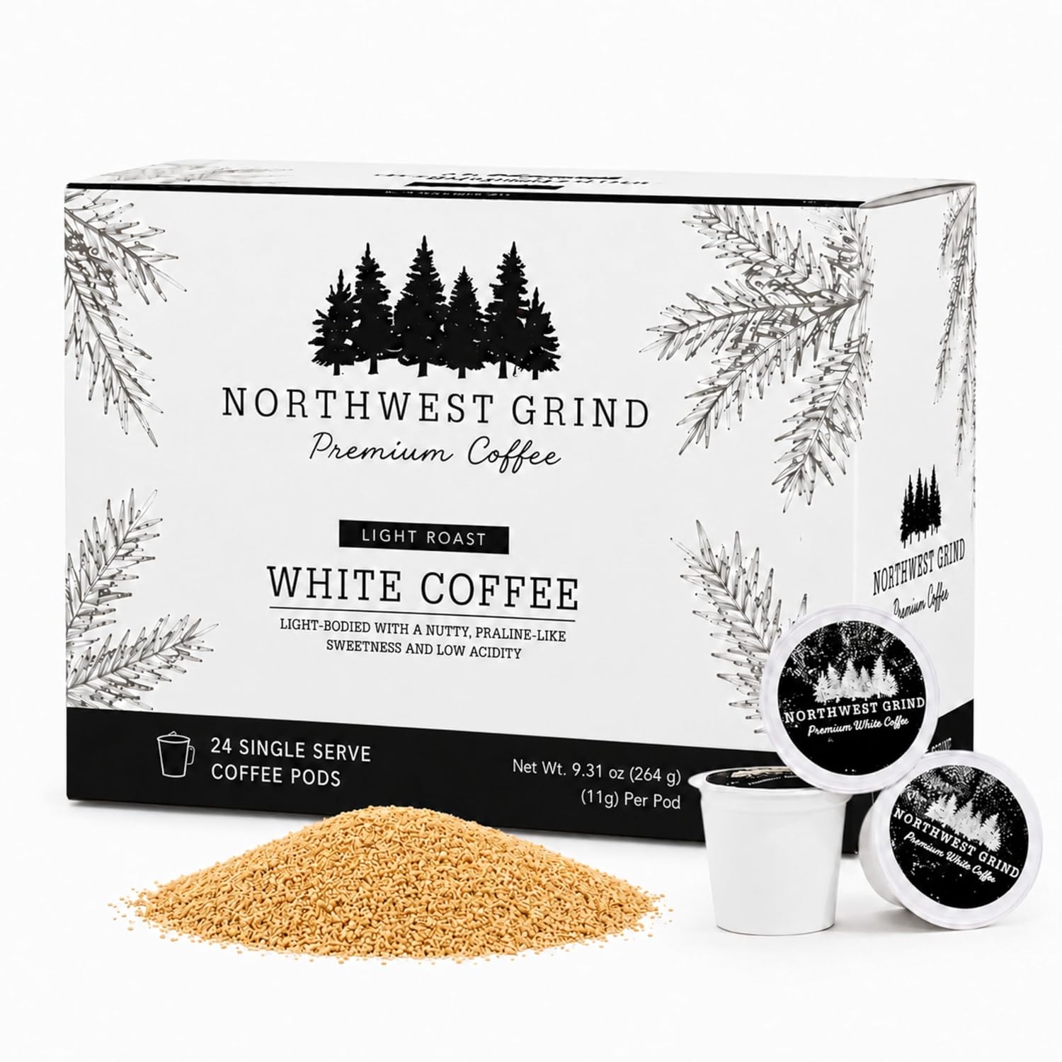 Northwest Grind White Coffee Pods – High Caffeine Light Roast, Low Acid & Smooth Nutty Flavor, Single Serve K Cups Compatible with Keurig Brewers, Small Batch Roasted in Washington, 24 Count