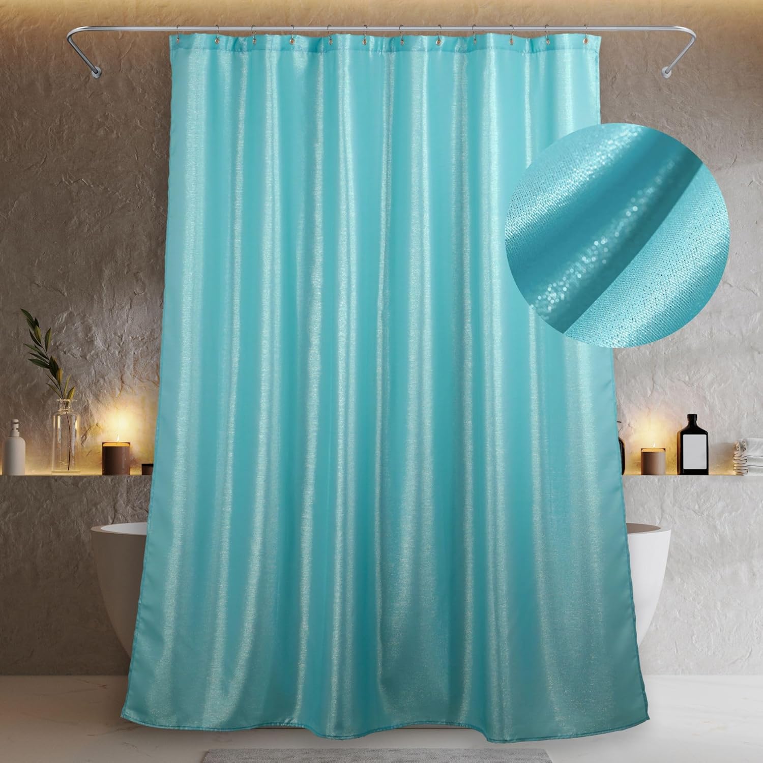 Teal Blue Long Shower Curtain 84 Inch Extra Tall Turquoise Aqua Glitter Sparkle