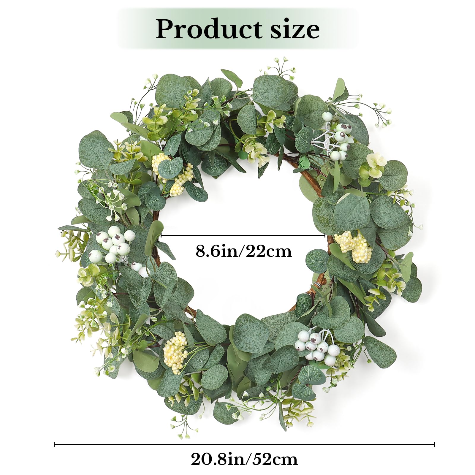 Guirlande Murale Verte Couronne Décorative D'Eucalyptus Artificiel - 55 Cm - Pour Porte, Mur, Mariage, Fête (Vert Avec Baies Blanches) Couronne Porte Printemps
