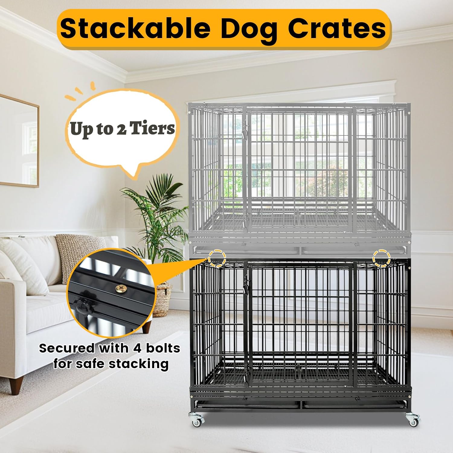 4-Pack Heavy Duty Indestructible Dog Crate 47 Inch with Removable Tray, Escape Proof Metal Dog Cage Kennel Indoor with Top Door & Auto-Locks, Stackable Big Dog Crate for High Anxiety Large Dogs, XL