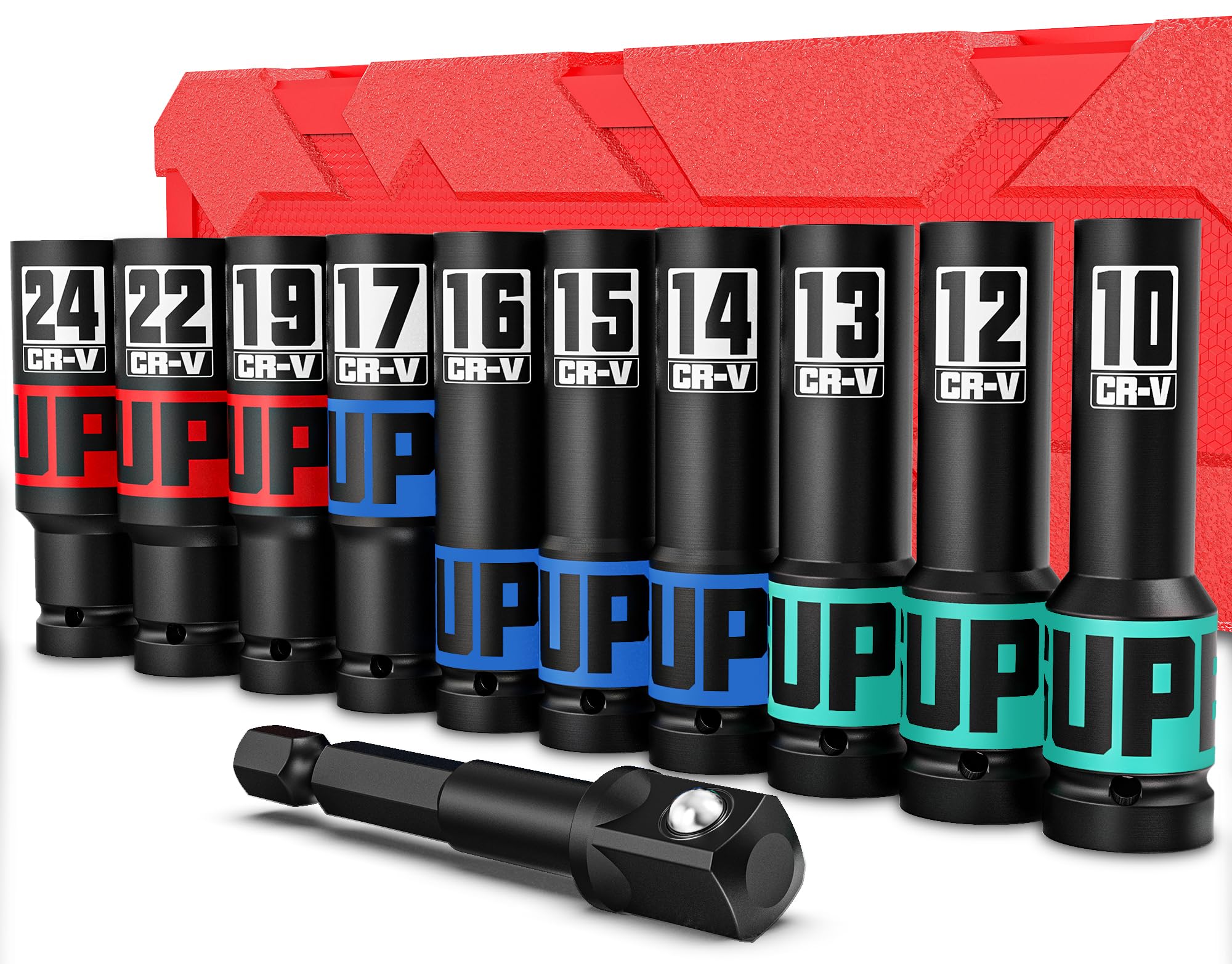 Aurlloct 1/2" Drive Impact Socket Set, 11Pcs Deep Sockets, 10-24 mm Hex Long Socket Set