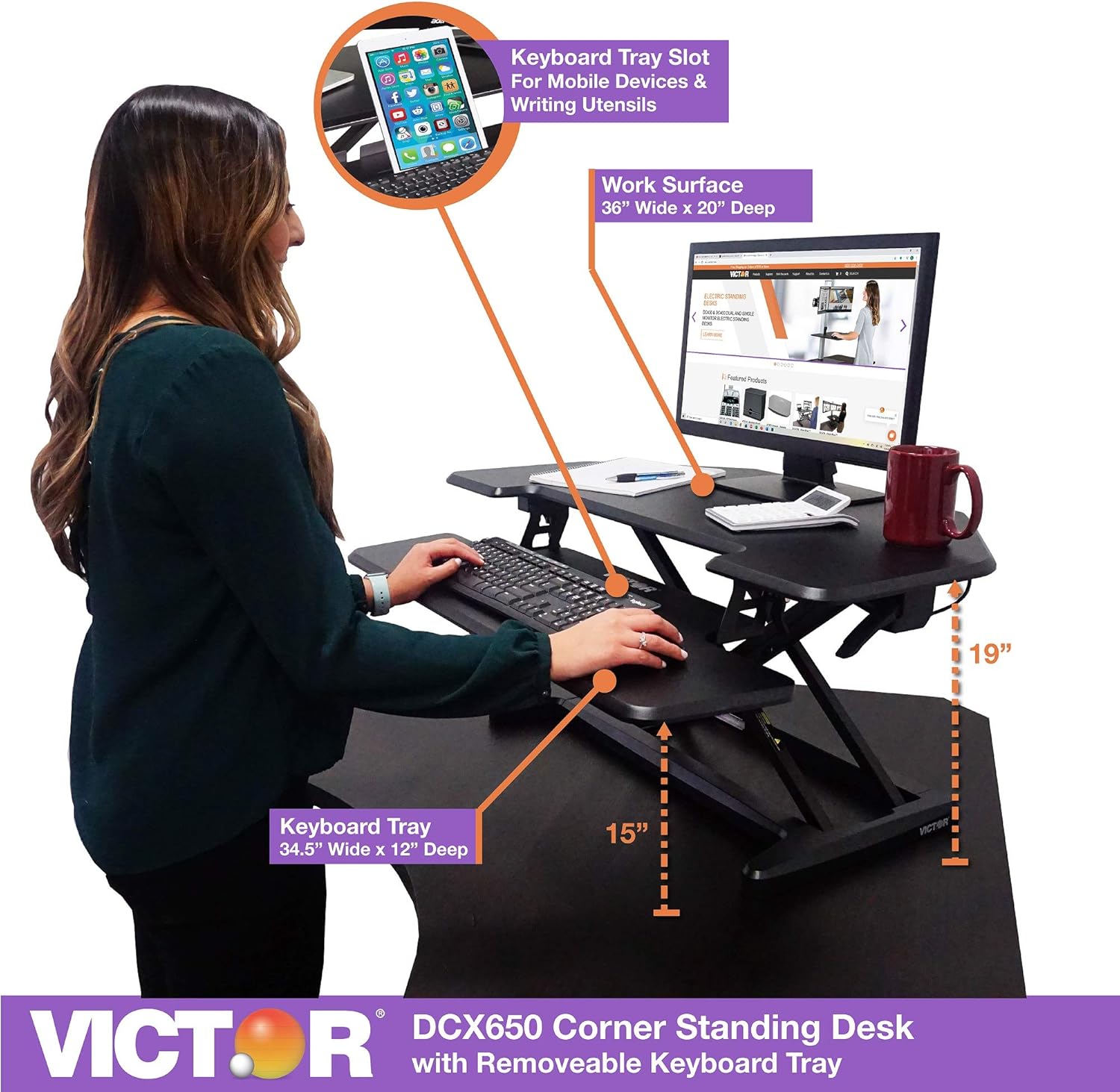 Square D Victor Technology DCX650 Adjustable Corner Standing Desk,36" W, Black