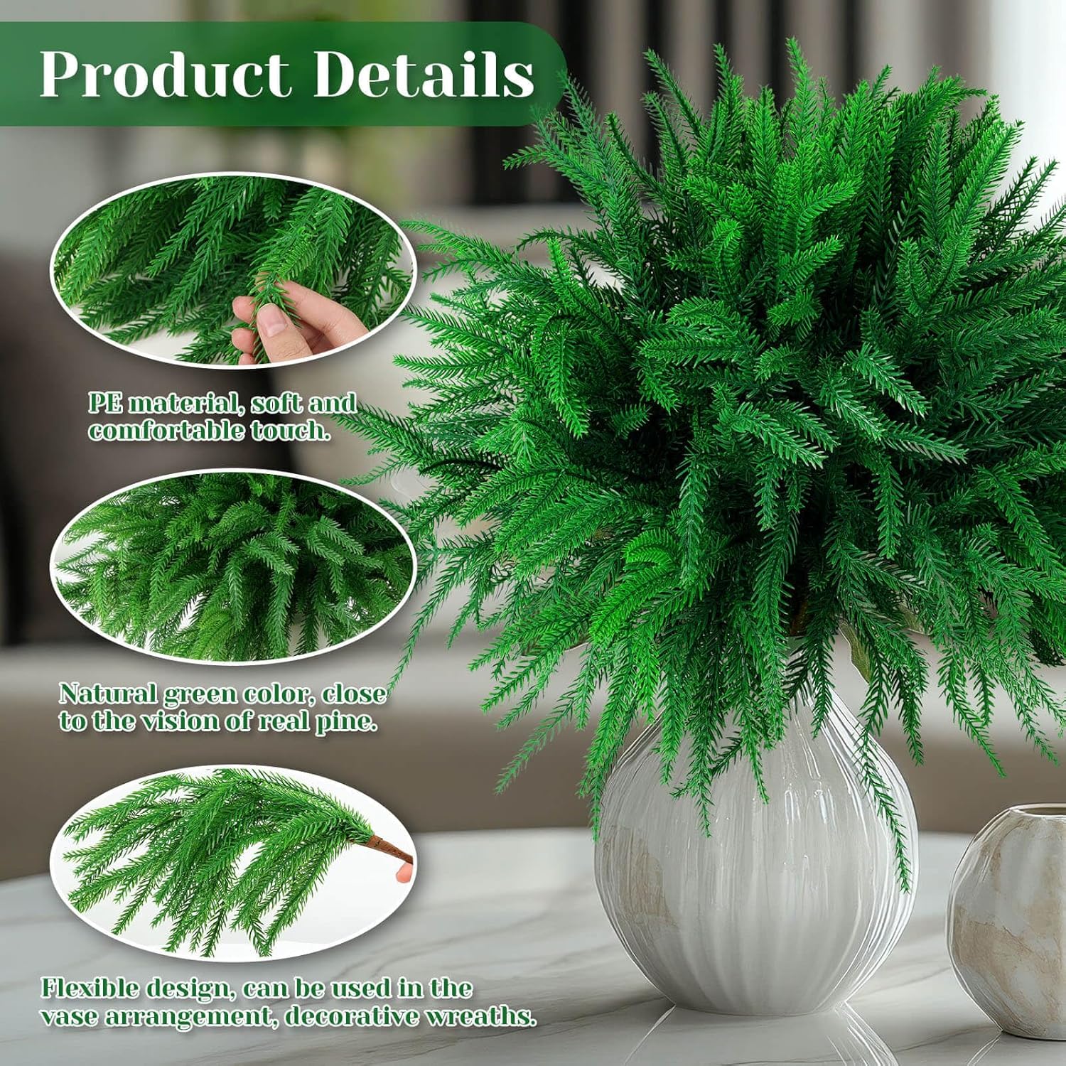 Caffox 8 Pcs Christmas Norfolk Pine Stems, 18" Artificial Real Touch Norfolk Pine Branches, Greenery Stems for Christmas Home Decorations - Image 4