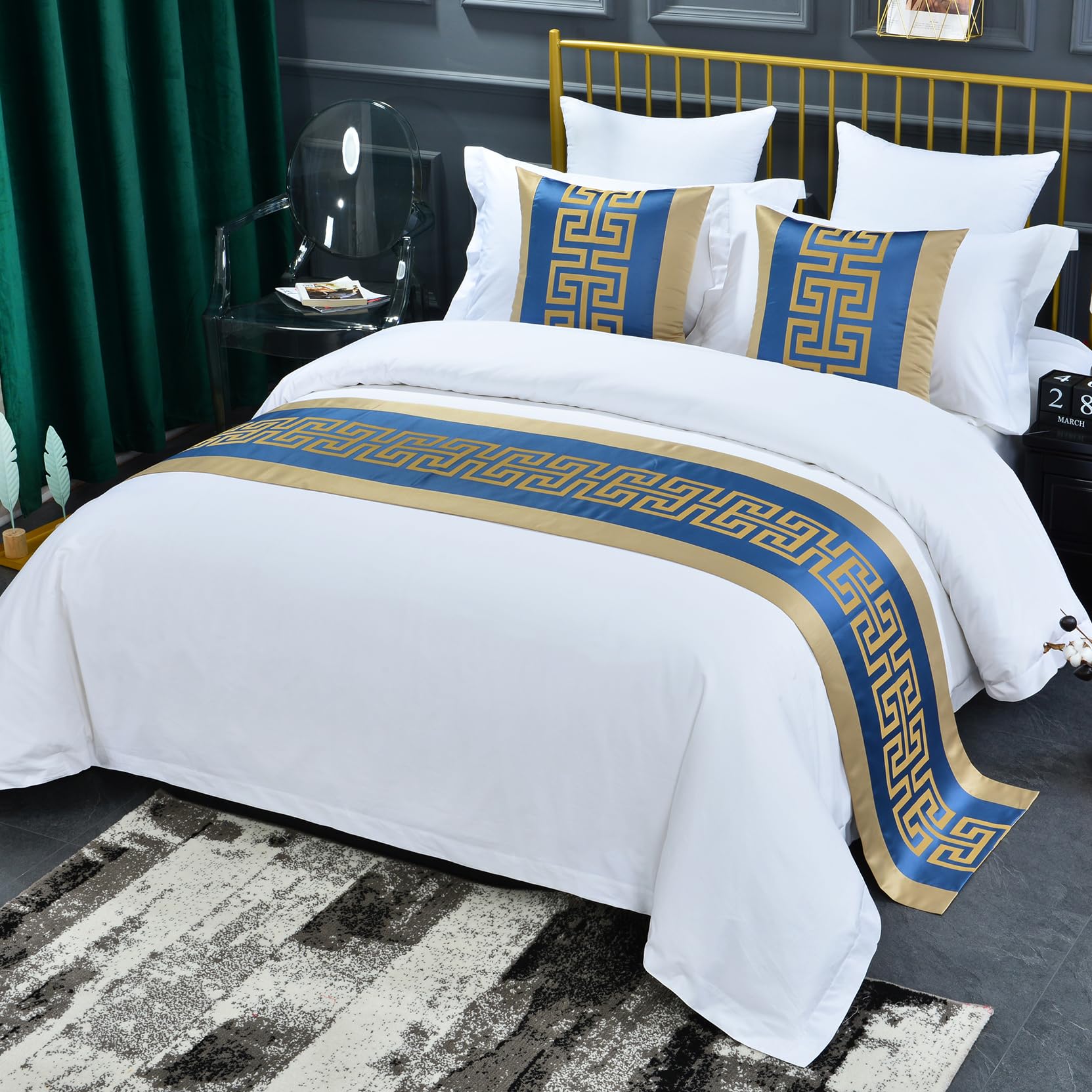 HLASMSPE Chinese Style Bed Runner Scarf, Color Woven Jacquard Bedspreads Luxury Bedding Cover Decor for Hotel Wedding Room, Blue Gold, 50 * 240cm for 1.8m Bed