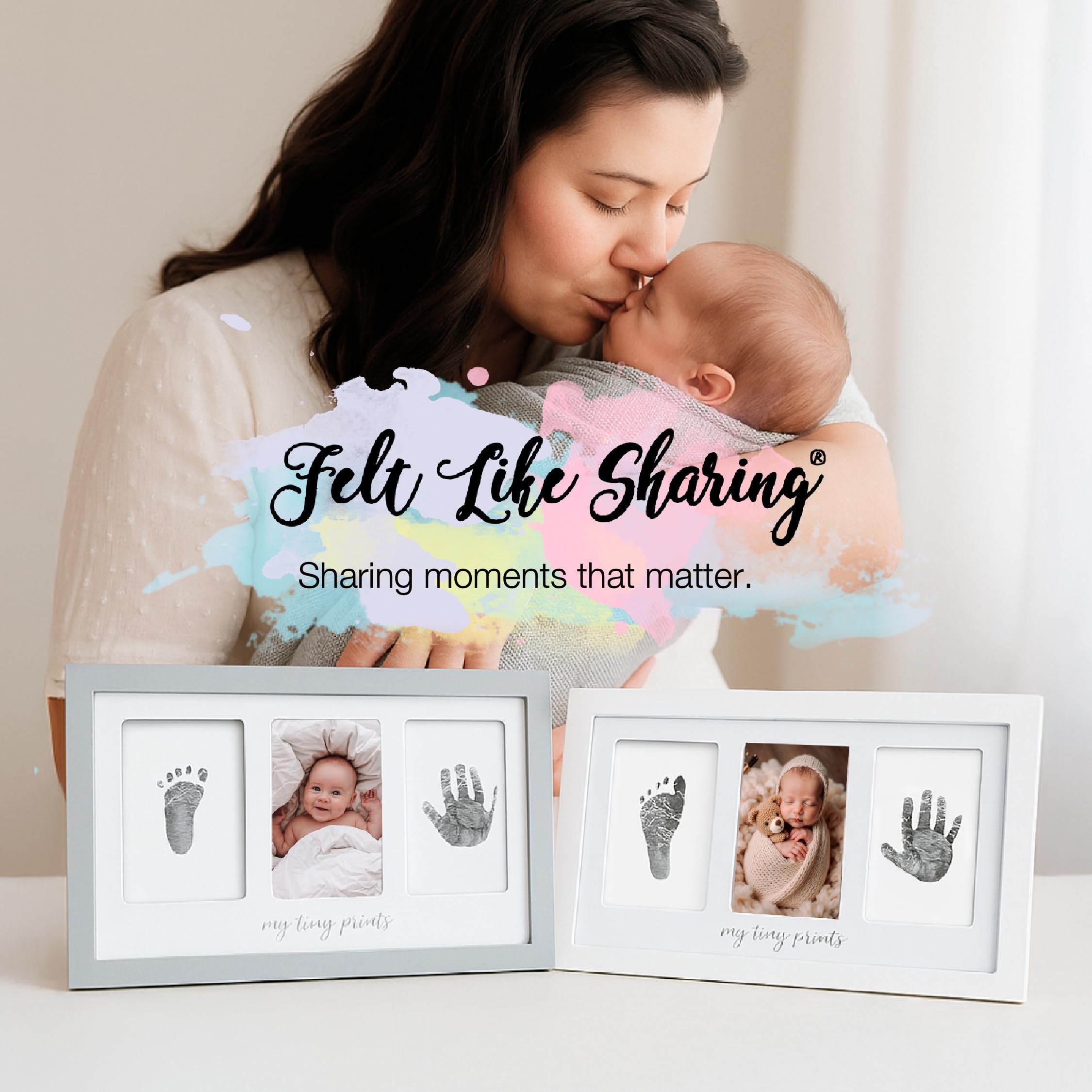 My Tiny Prints - Marco de fotos para huellas y huellas de bebé recién nacido con una almohadilla de tinta limpia para crear impresiones de bebé o baby shower (blanco)