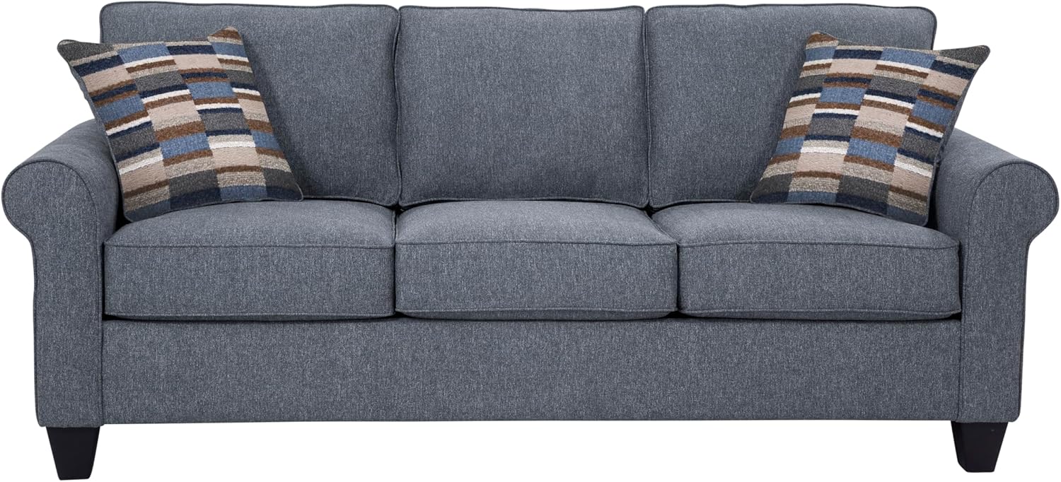 Blue Linen Rolled Arm Sofa with Removable Cushions