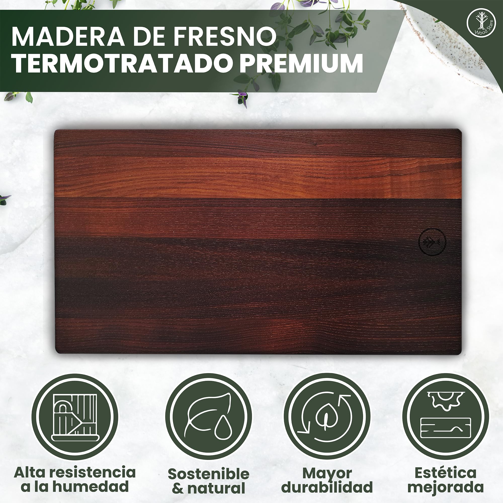 Tabla Madera Cocina 45x25x1,5 | Fresno Termotratado Premium Reversible e Higiénica | Tabla Profesional para Carne, Pan o Quesos | Tabla de Cortar Grande, Ligera y Resistente a la Humedad | WoodStare