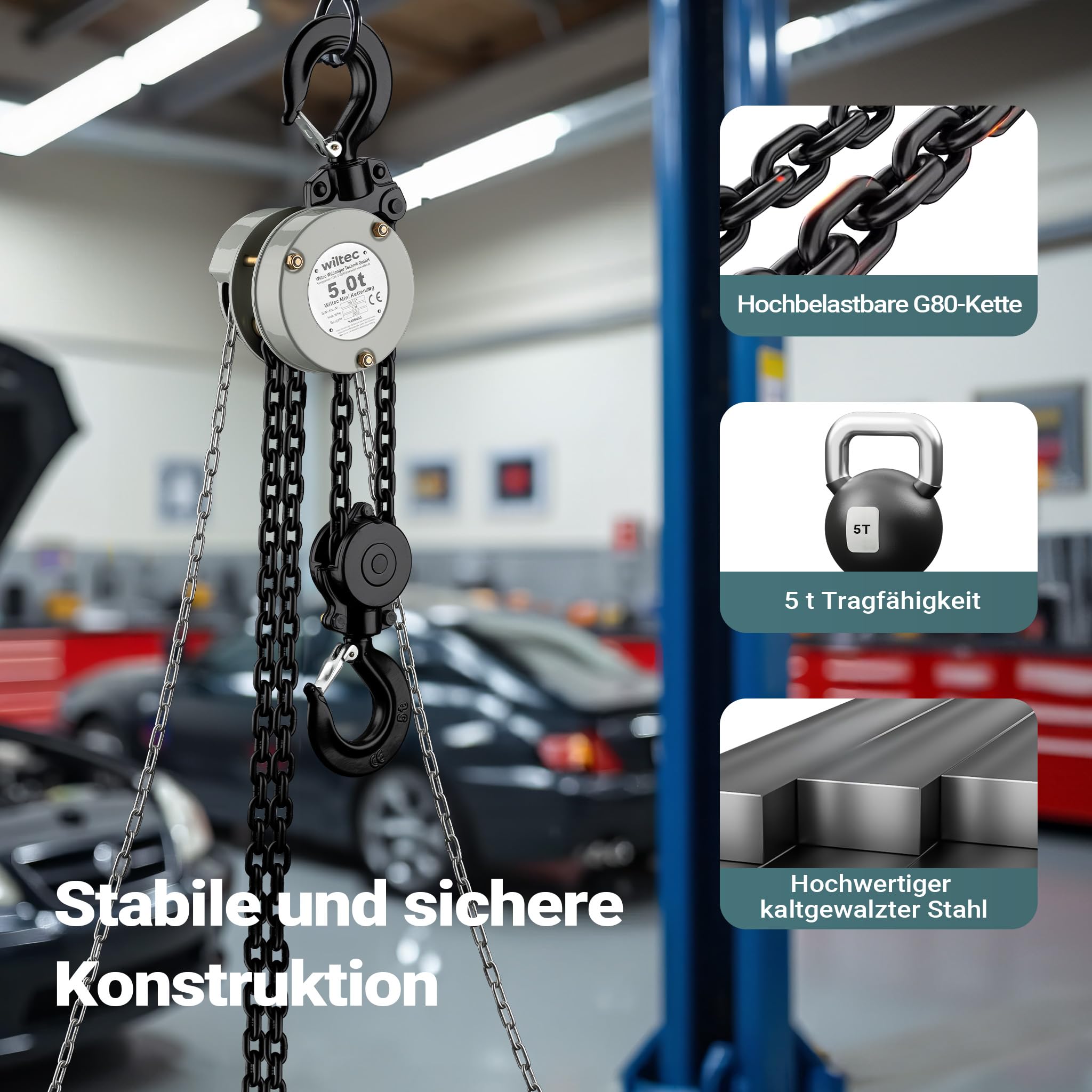 Wiltec Mini Kettenzug bis 5 t, robuster Handkettenzug 3 m Hubhöhe, Tragmittel mit 3 m Lastkette, Hebezeug manuell, hochbelastbares Hebemittel