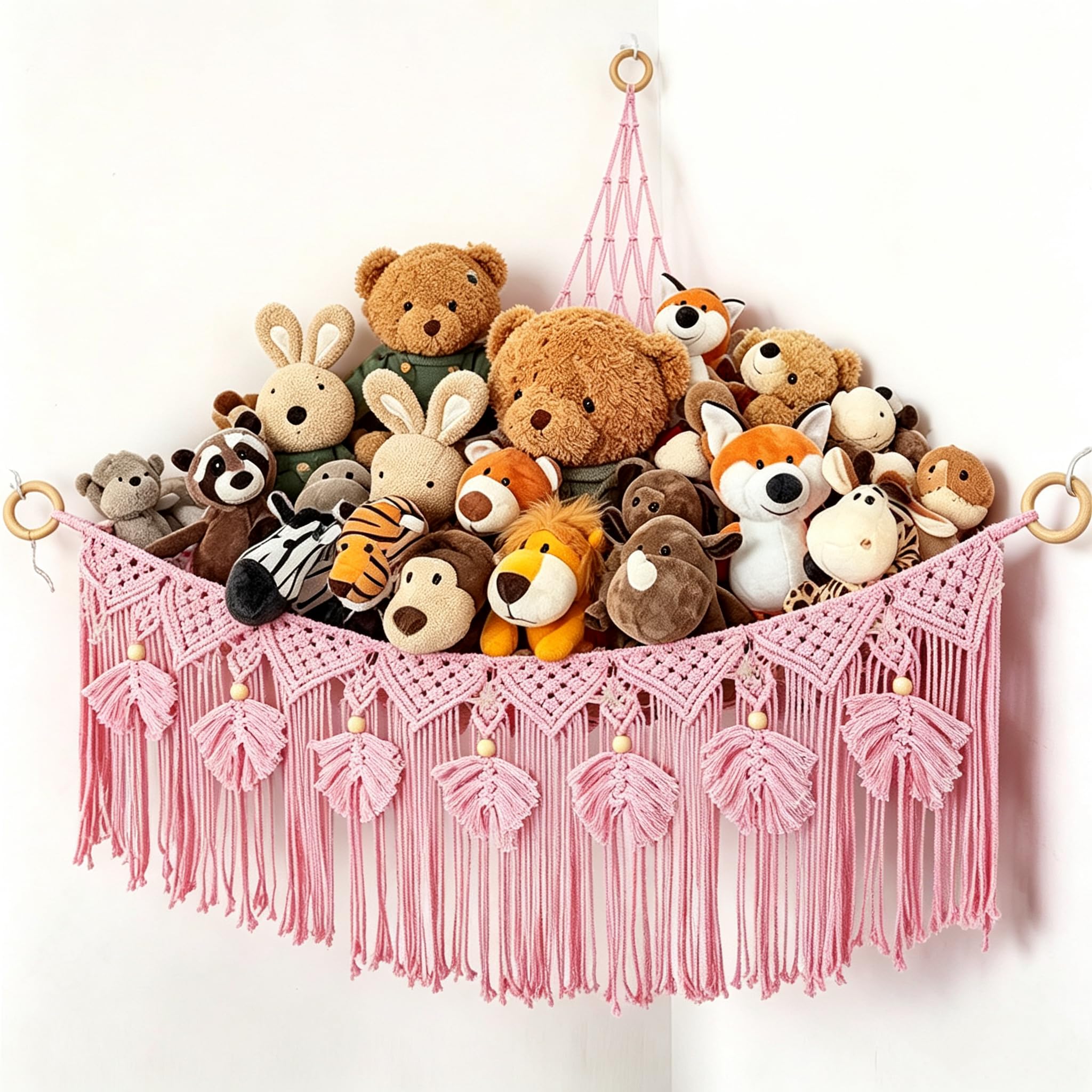 SINJAETRQ Toy Hammock for Stuffed Animals, 100cm Teddy Hammock with Pink Bowknot & Long Tassels, Hand Woven Soft Toy Storage Net for Girls Bedroom, Nursery Corner Plushie Organizer