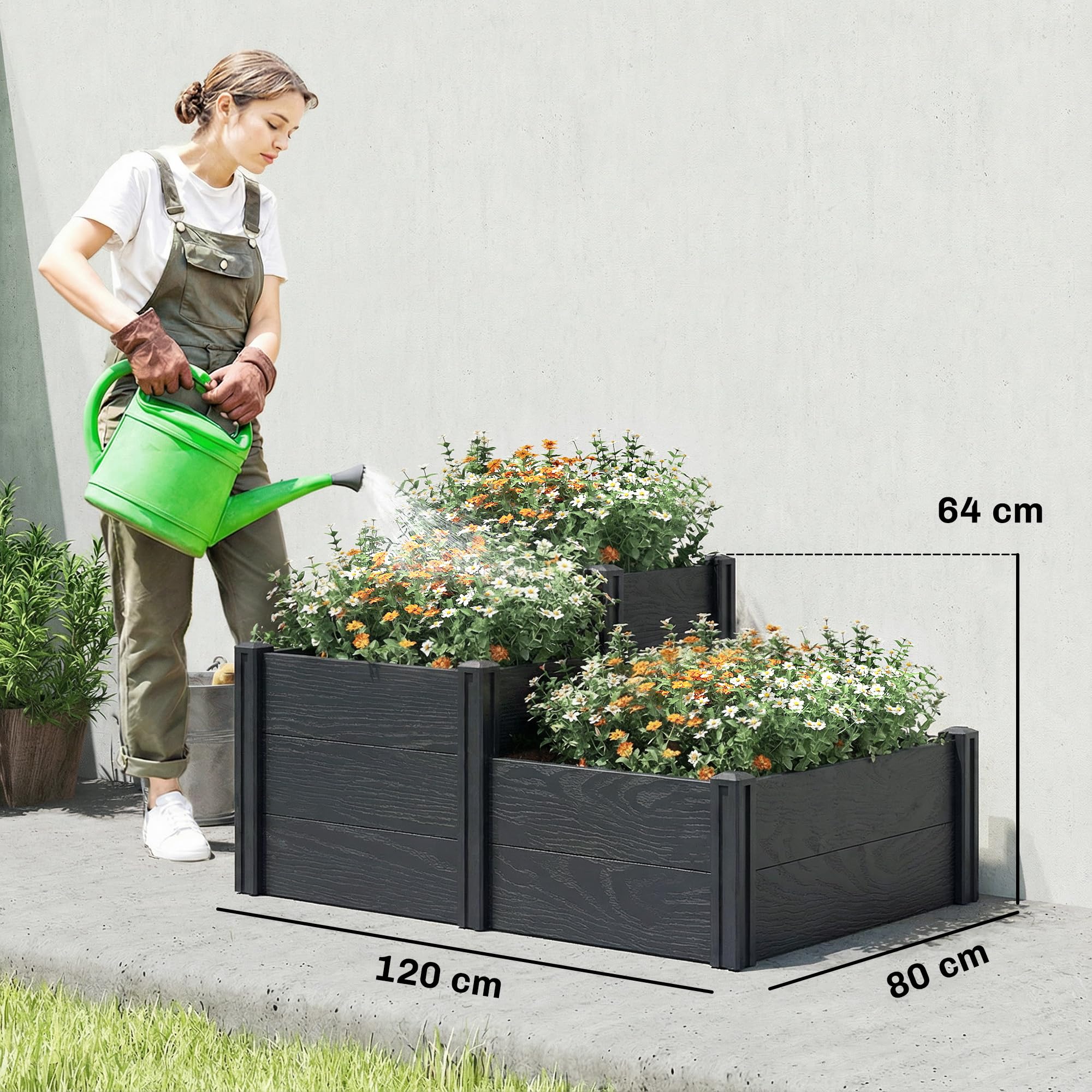 Outsunny Jardinière surélevée 3 Niveaux Fond Ouvert Potager Jardin 120x80x64 cm Effet Bois Gris