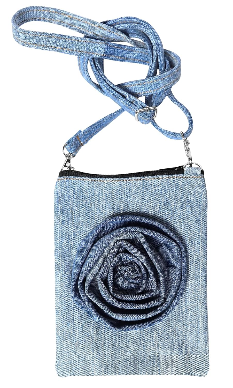 Upcycling Blue Denim Jeans Rose Fabric Decorative Small Cell Phone Flat Crossbody Bag Purse Handbag for Women