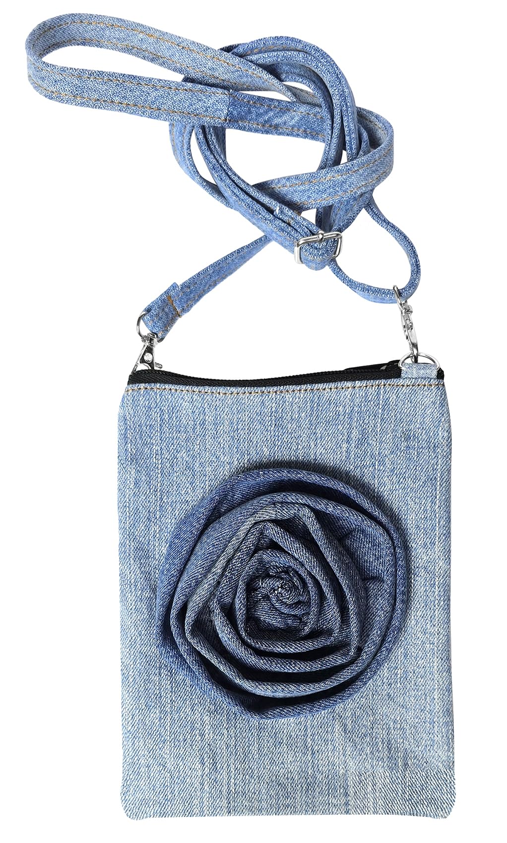 Upcycling Blue Denim Jeans Rose Fabric Decorative Small Cell Phone Flat Crossbody Bag Purse Handbag for Women