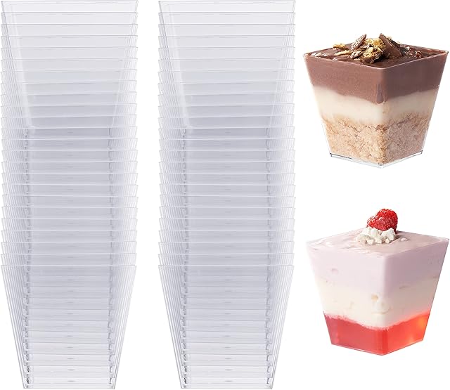 MATANA - 48 Clear Multi-use Plastic Square Cheesecake Dessert Pots Party Cups - 225ml