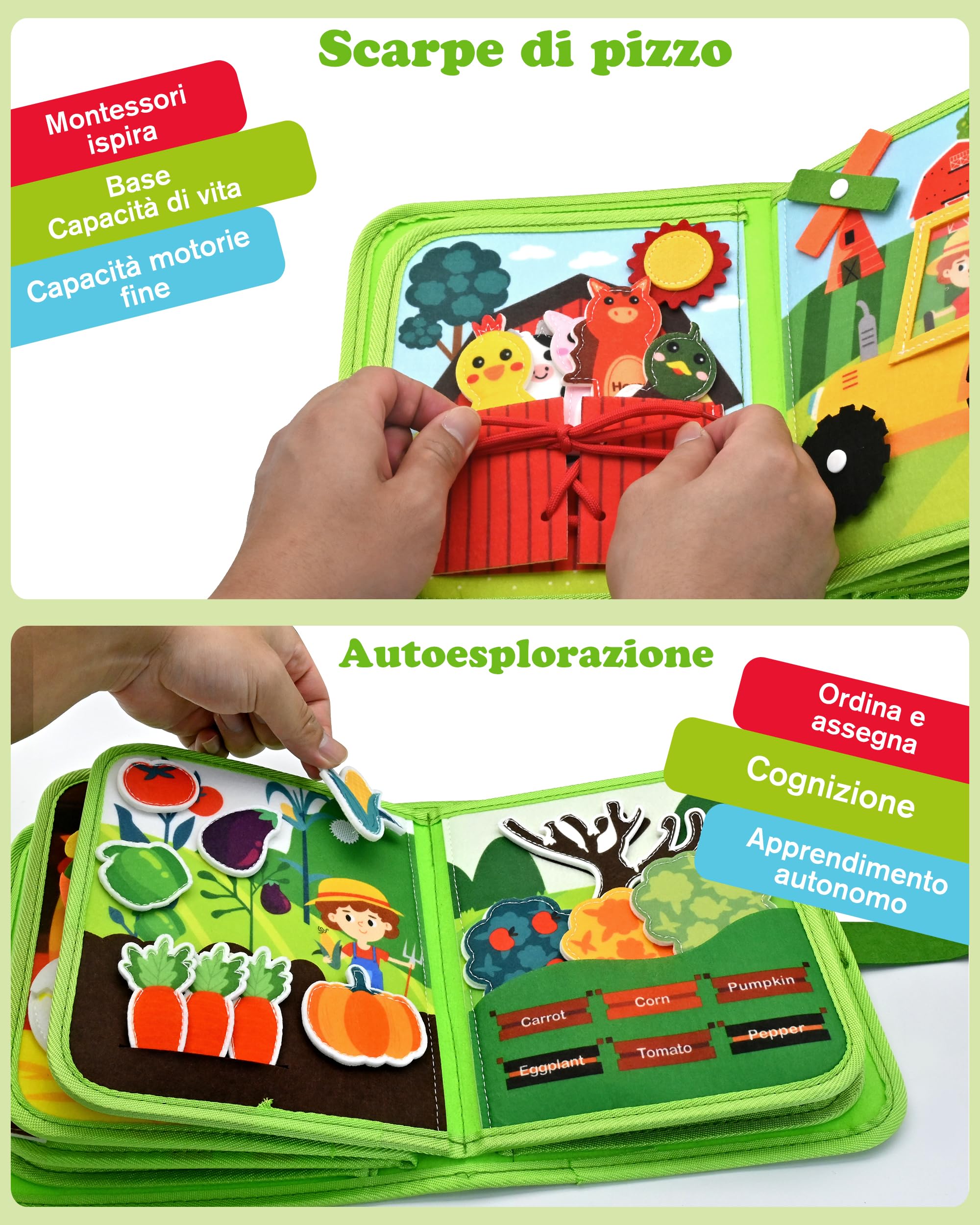 Meafeng Busy Board Libro Montessori Interattivo 1 Anno, Quiet Book sensoriale educativo, Giochi Montessori 1 2 3 4 5 6 Anni, Pannello di Feltro attività, Valigetta Montessori Bambini