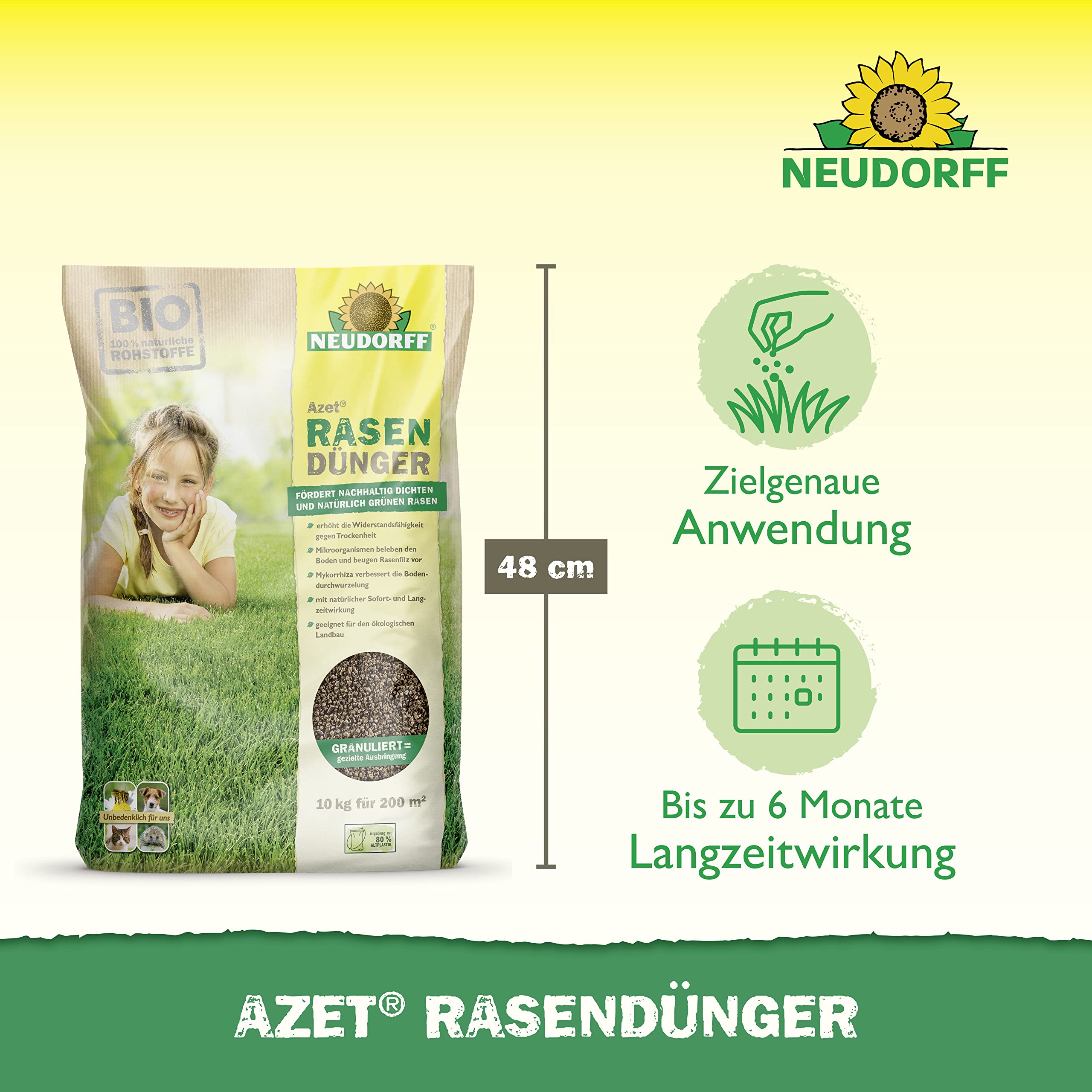Neudorff Azet RasenDünger – Bio Rasendünger für 200 m² sorgt für eine dichte, grüne und strapazierfähige Rasenfläche mit 6 Monaten Langzeitwirkung, 10 kg