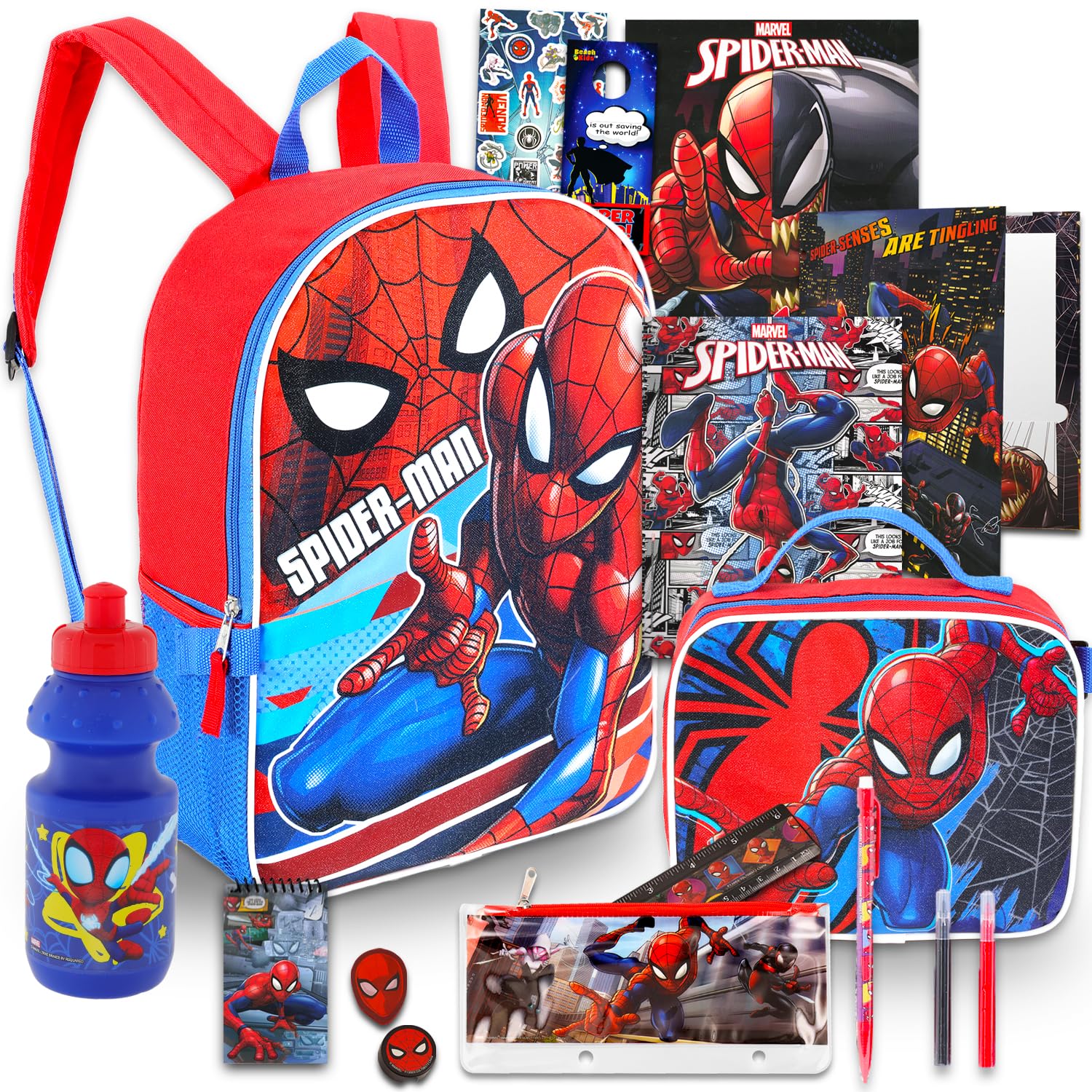 Marvel Spiderman Backpack Set - Bundle with 16" Bag, Lunch Box, Stationery, Water Bottle, Stickers, and More | Marvel School Supplies Kit for Kids