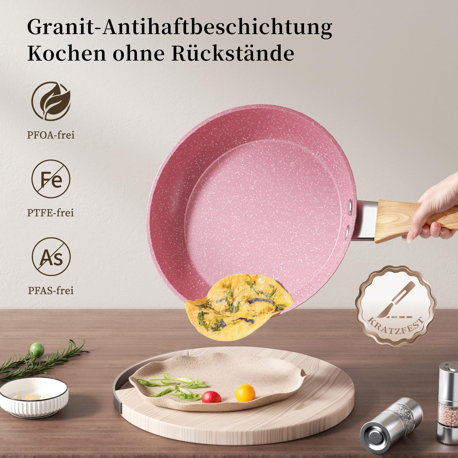 Innerwell Padella Antiaderente 28 cm, Padelle Induzione, Rivestimento Antiaderente Granito Professionale, Padella Omelette Ceramica, Senza PFOA, Atossica, Lavabile Forno, Lavastoviglie, Rosa