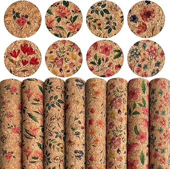 8 Pack Colorful Cork Fabric Sheets - 8.3"x11.8" 20x30cm Soft Natural Texture Real Cork Faux Leather for DIY Crafts, Keychains, Jewelry & Wallet Making Red Floral
