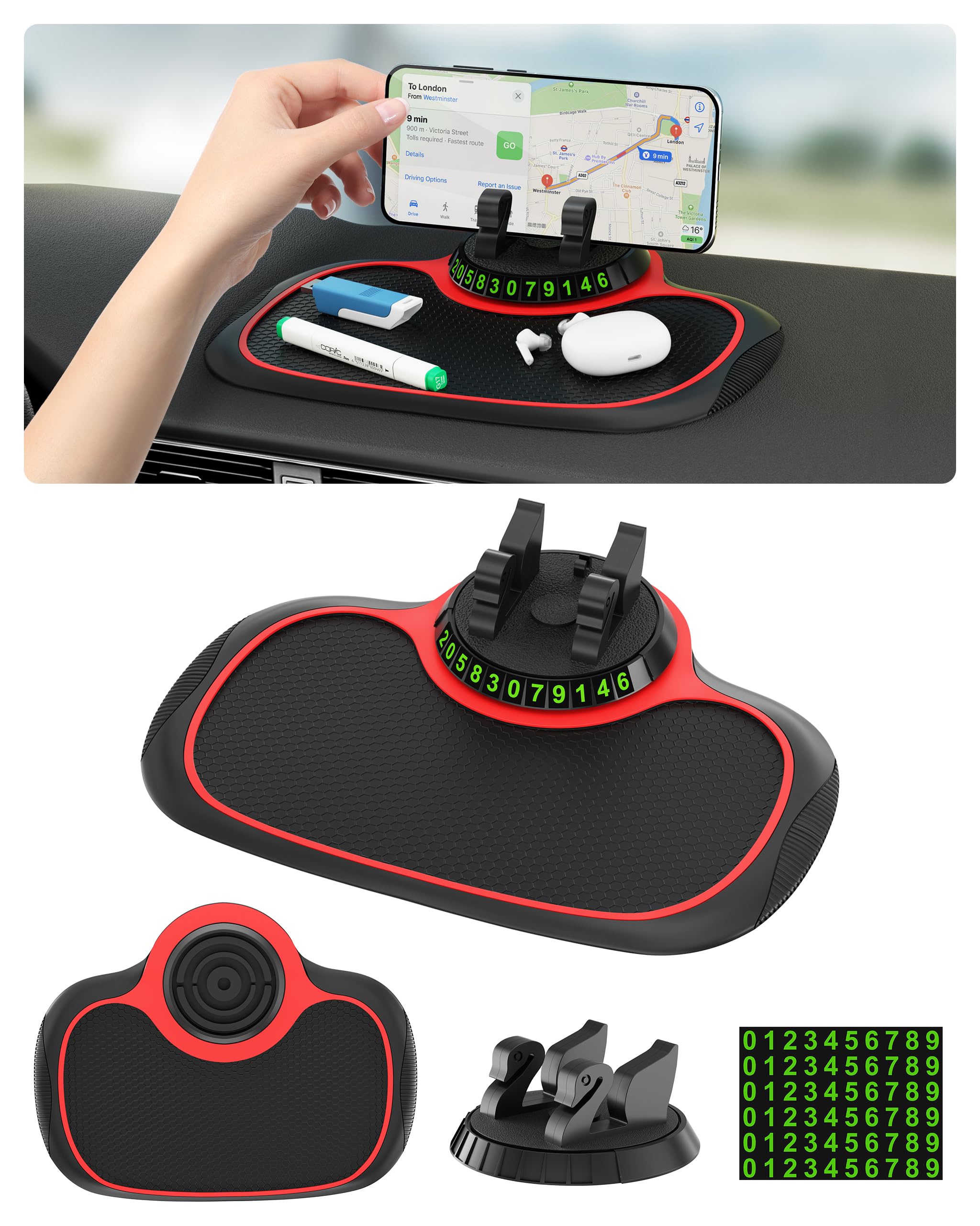 Estefanlo Multi-Functional Car Phone Holder with Temporary Parking Number, Universal Non-Slip Dash Phone Holder for Various Dashboards, Rotatable Cell Phone Car Holder for Men/Women Car Accessories