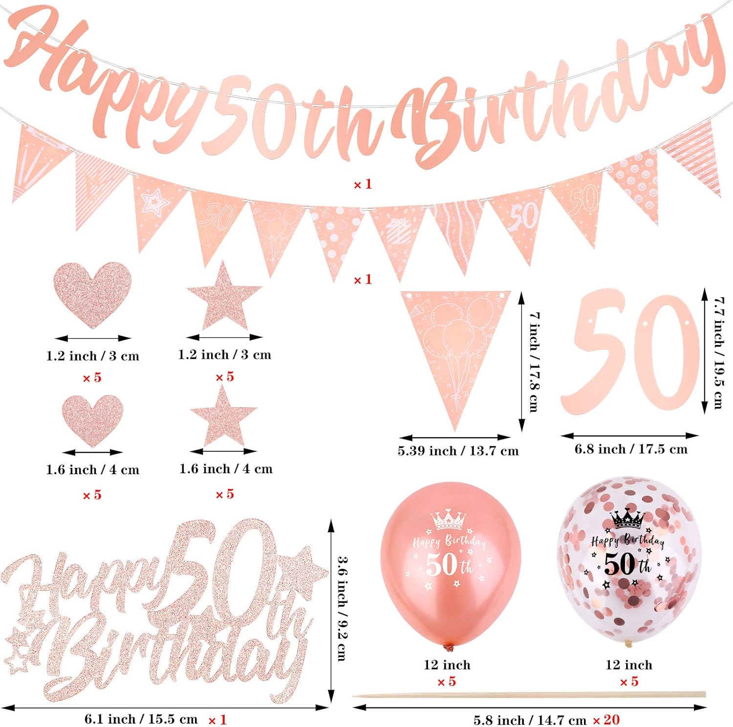 ADXCO Rose Gold 50th Birthday Decorations Kit Include Rose Gold Happy
